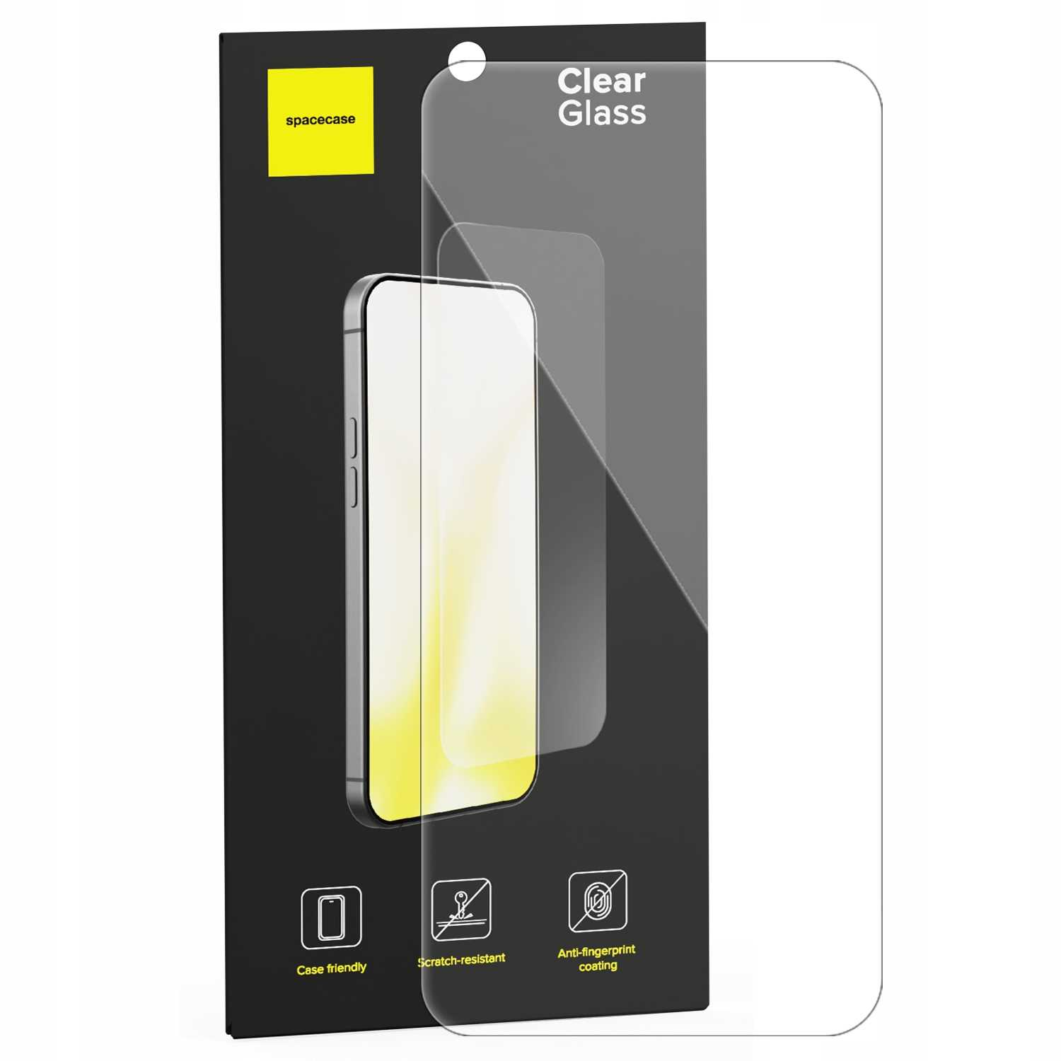 Pudełko z telefonem i ochraniaczem ekranu. Pudełko pokazuje cechy produktu.