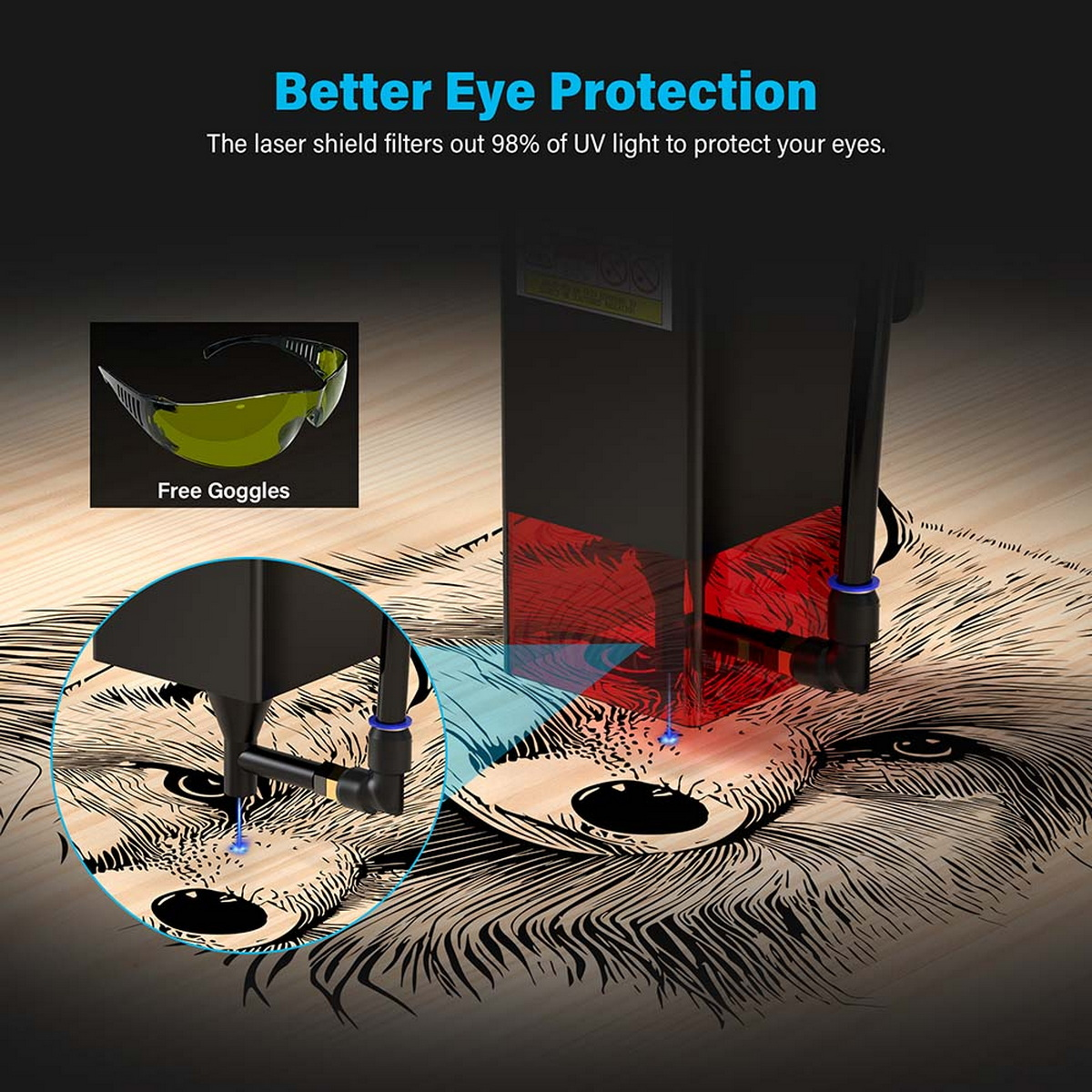 Incisione laser in corso, che mostra laser, occhiali e incisione dettagliata sul legno.