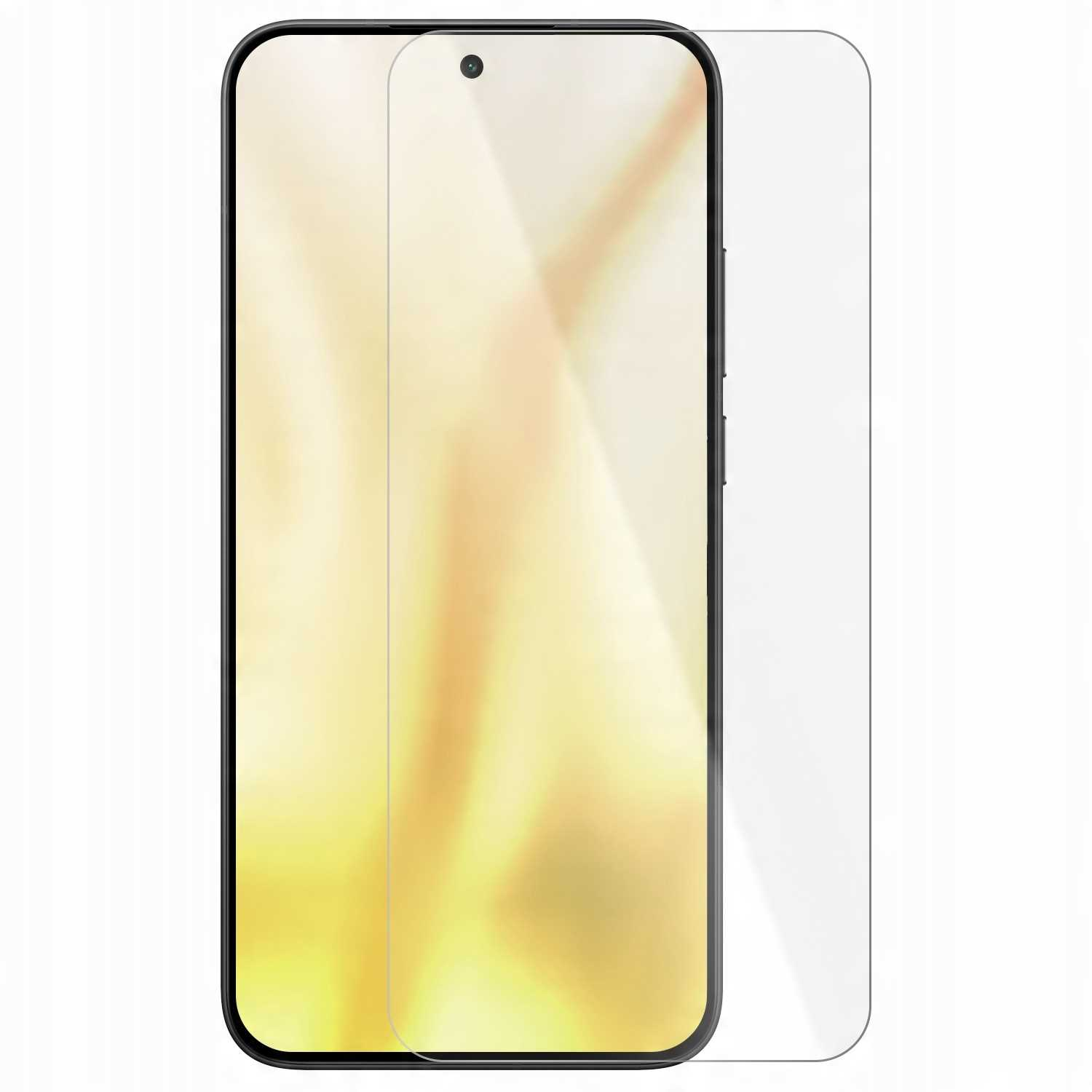 Ochraniacz ekranu obok telefonu. Ochraniacz jest przezroczysty.