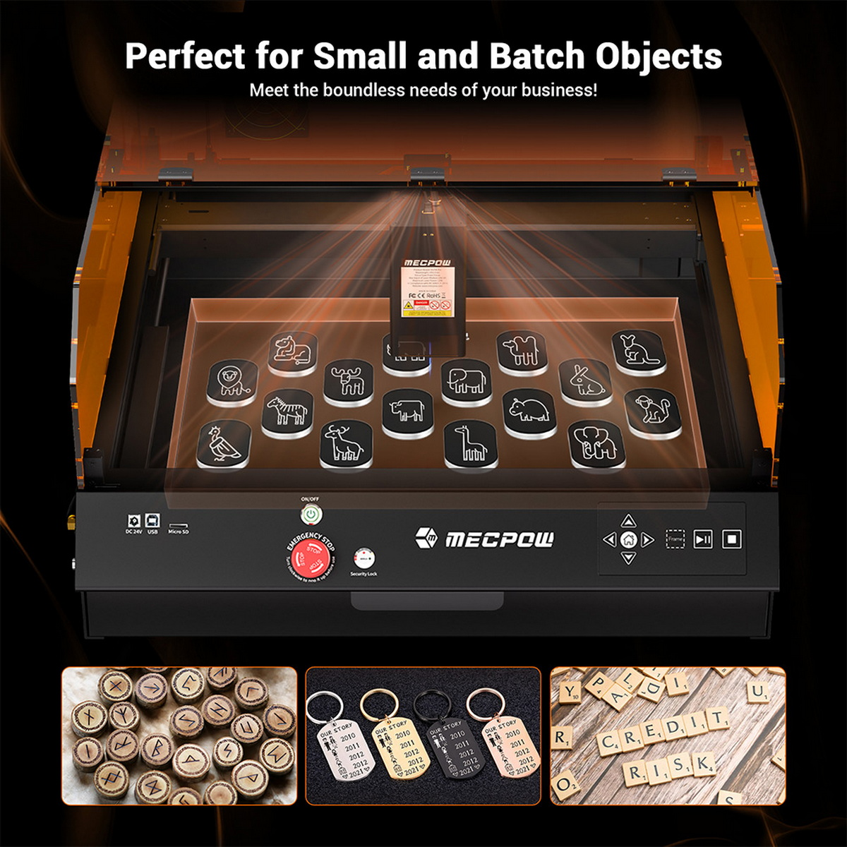 Cięcie laserowe z grawerowanymi przedmiotami. Pokazuje różne małe przedmioty i tekst. Czarny i pomarańczowy.