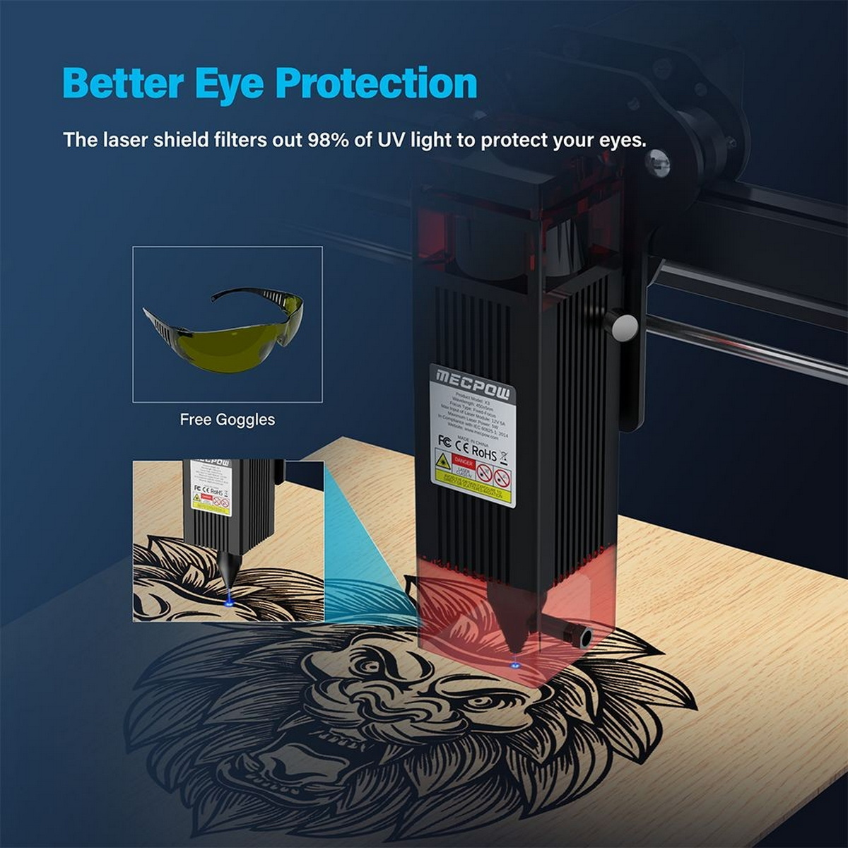 Grawer laserowy z okularami ochronnymi. Głowica lasera jest pokazana z niebieską wiązką lasera.