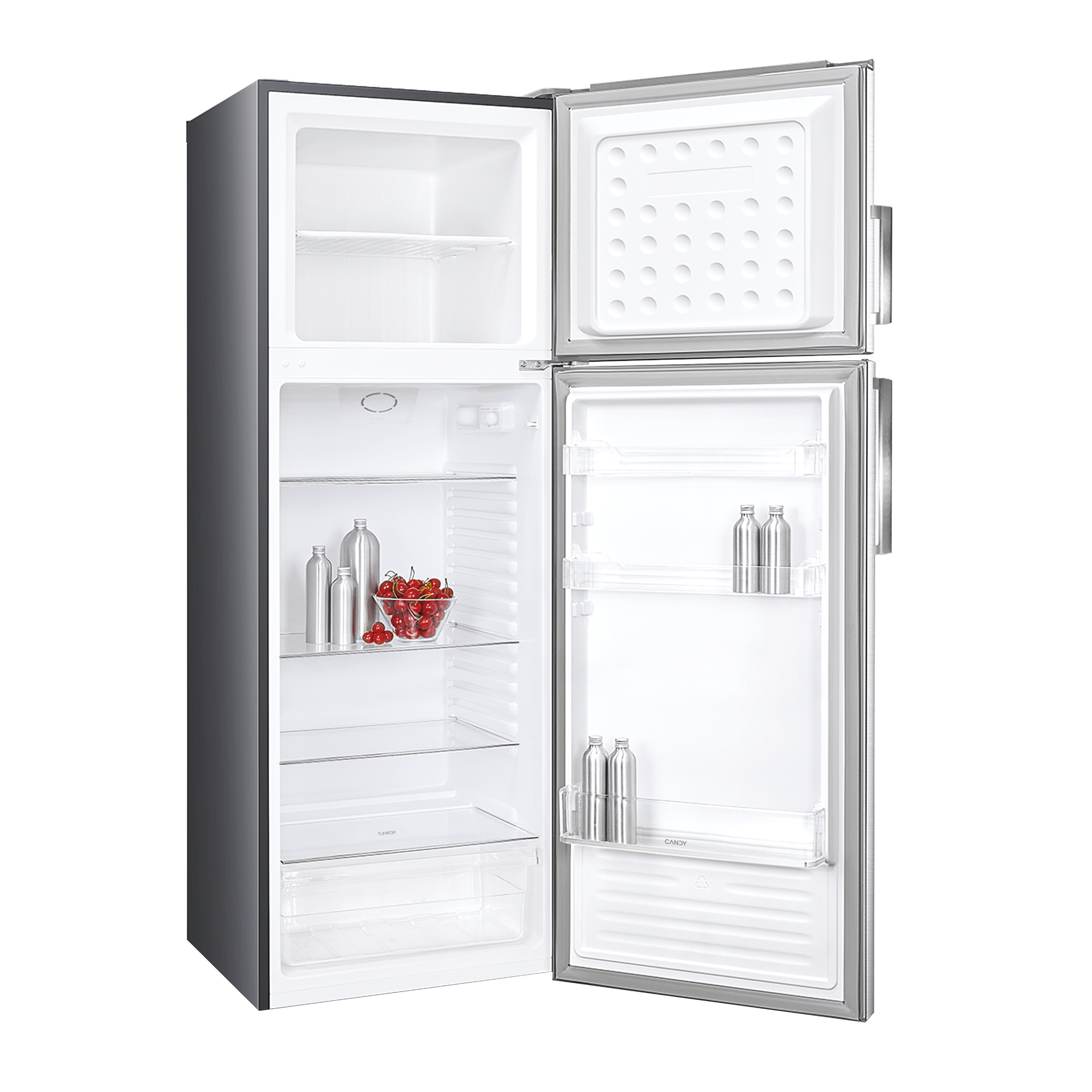 Un refrigerador con las puertas abiertas, mostrando estantes y contenidos.