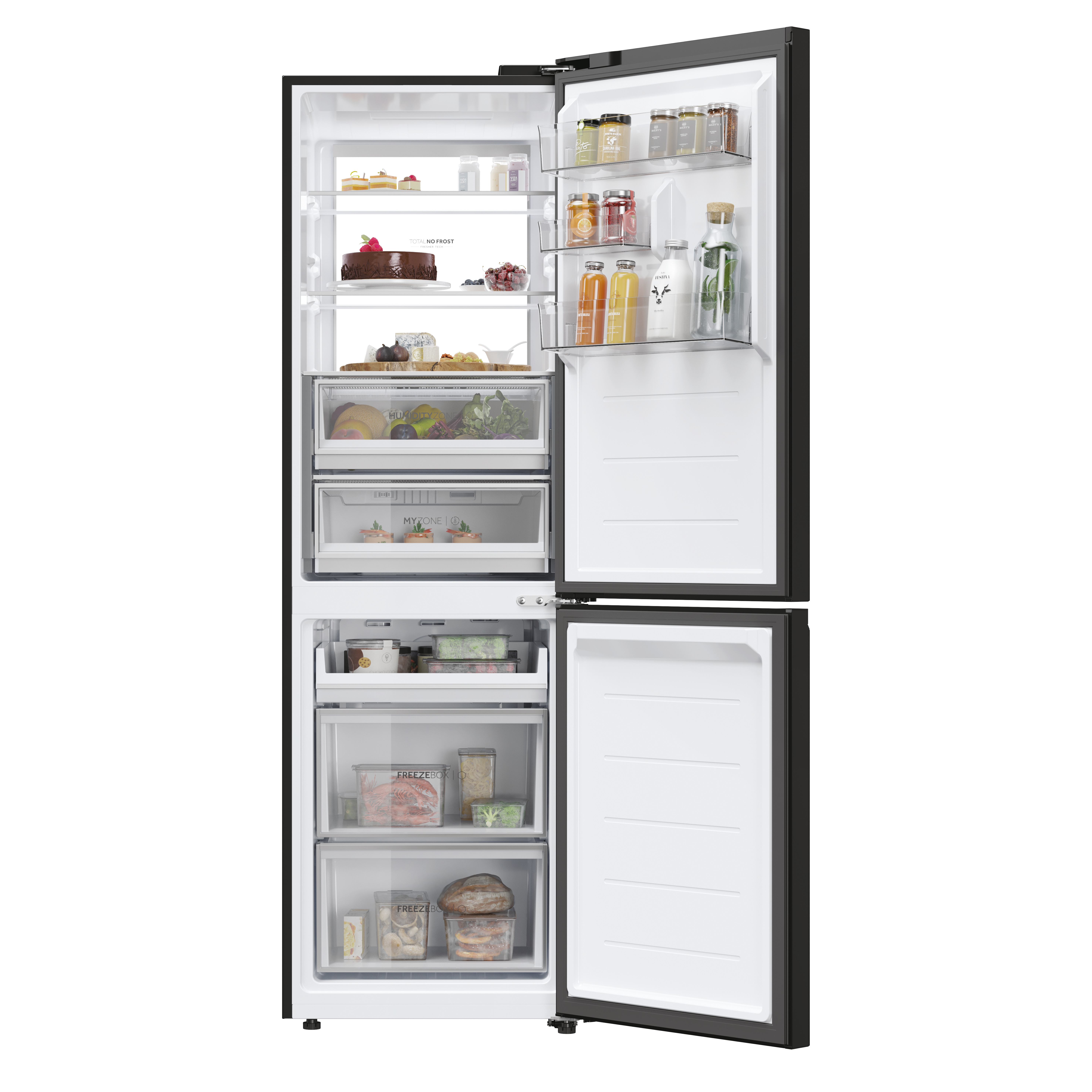 Nevera con puertas abiertas, llena de alimentos y bebidas en estantes y cajones.