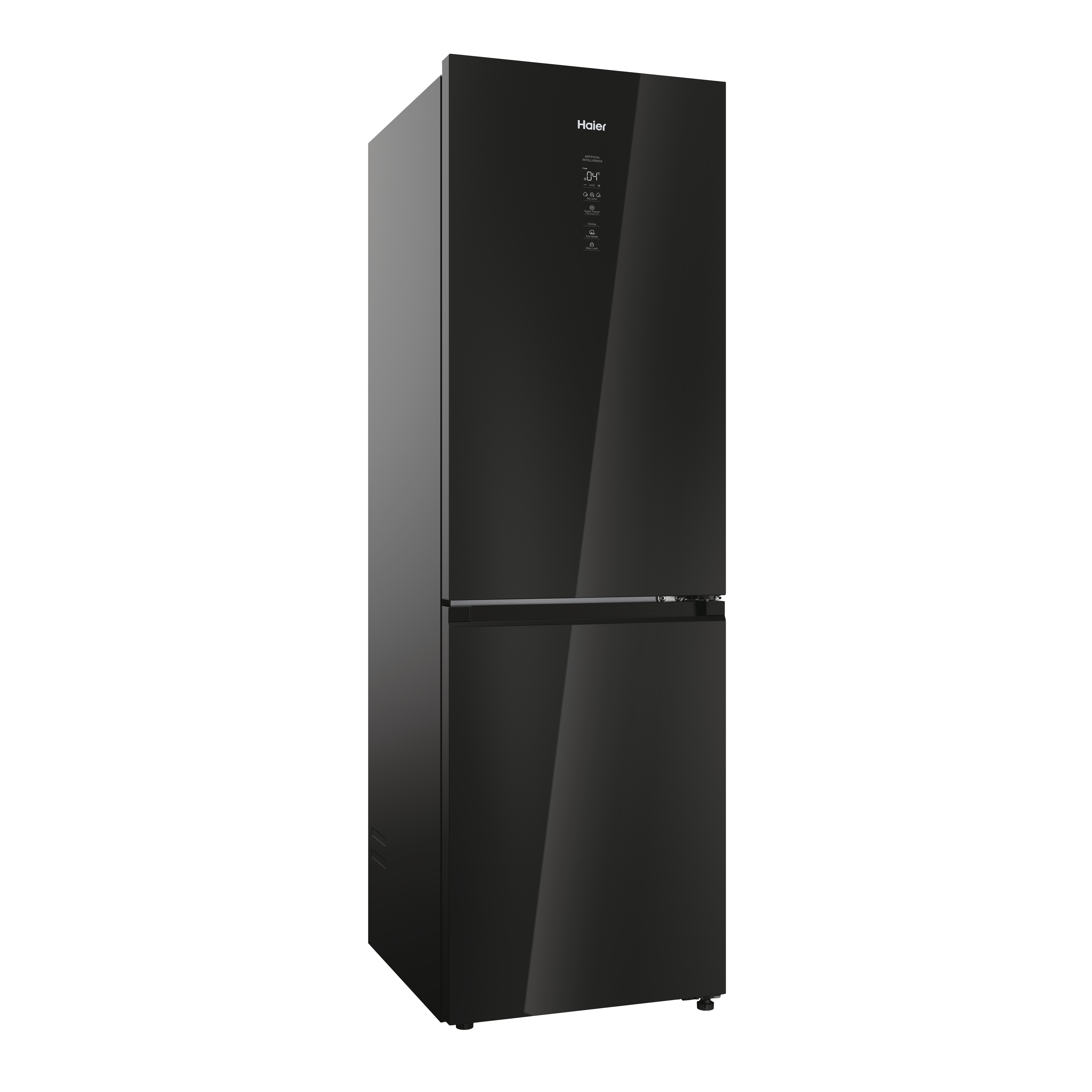 Un frigorífico Haier negro, cerrado. Tiene una pantalla digital. El frigorífico es alto y elegante.