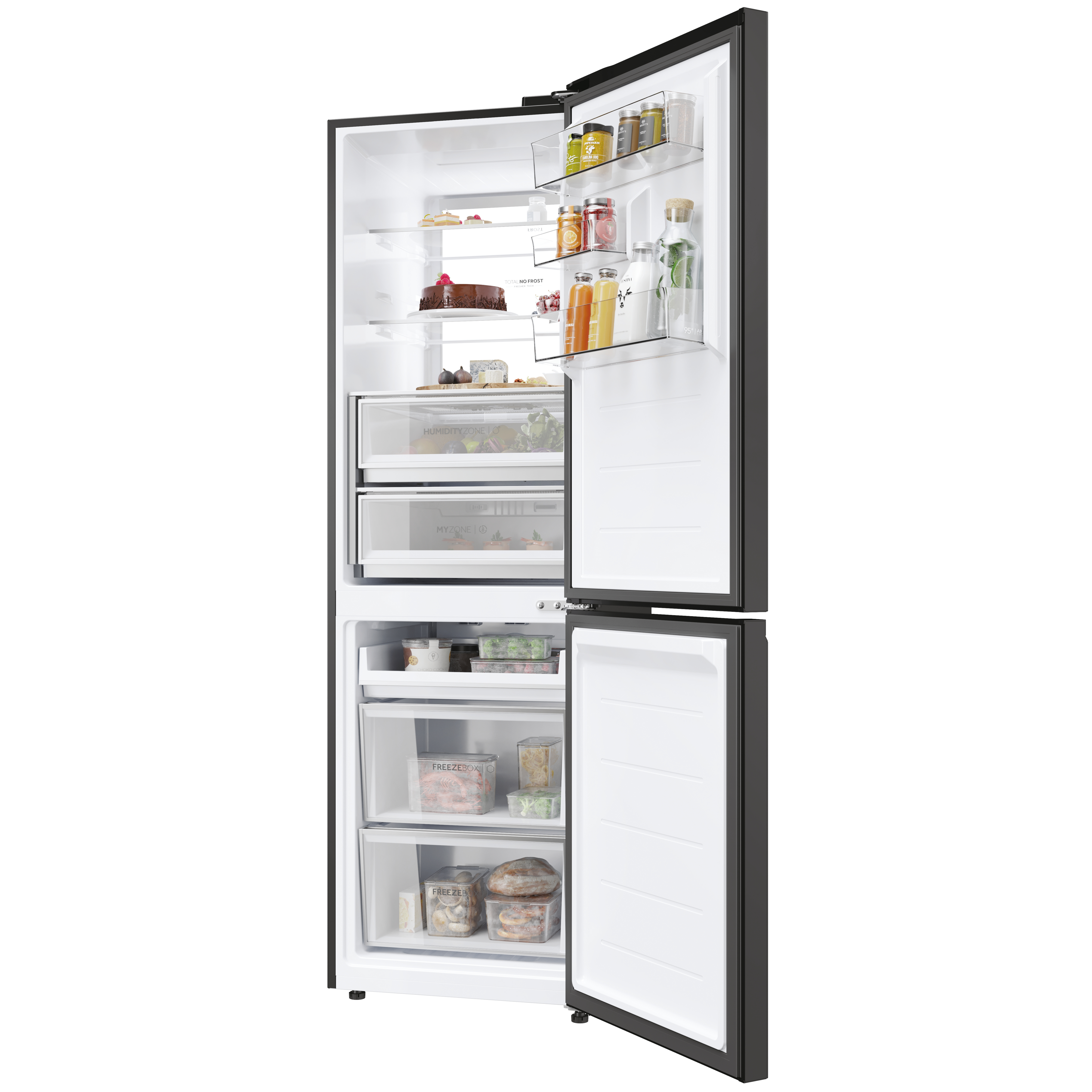 Frigorífico negro con puertas abiertas que revelan estantes con alimentos, cajones. Algunos artículos son visibles como tarros.