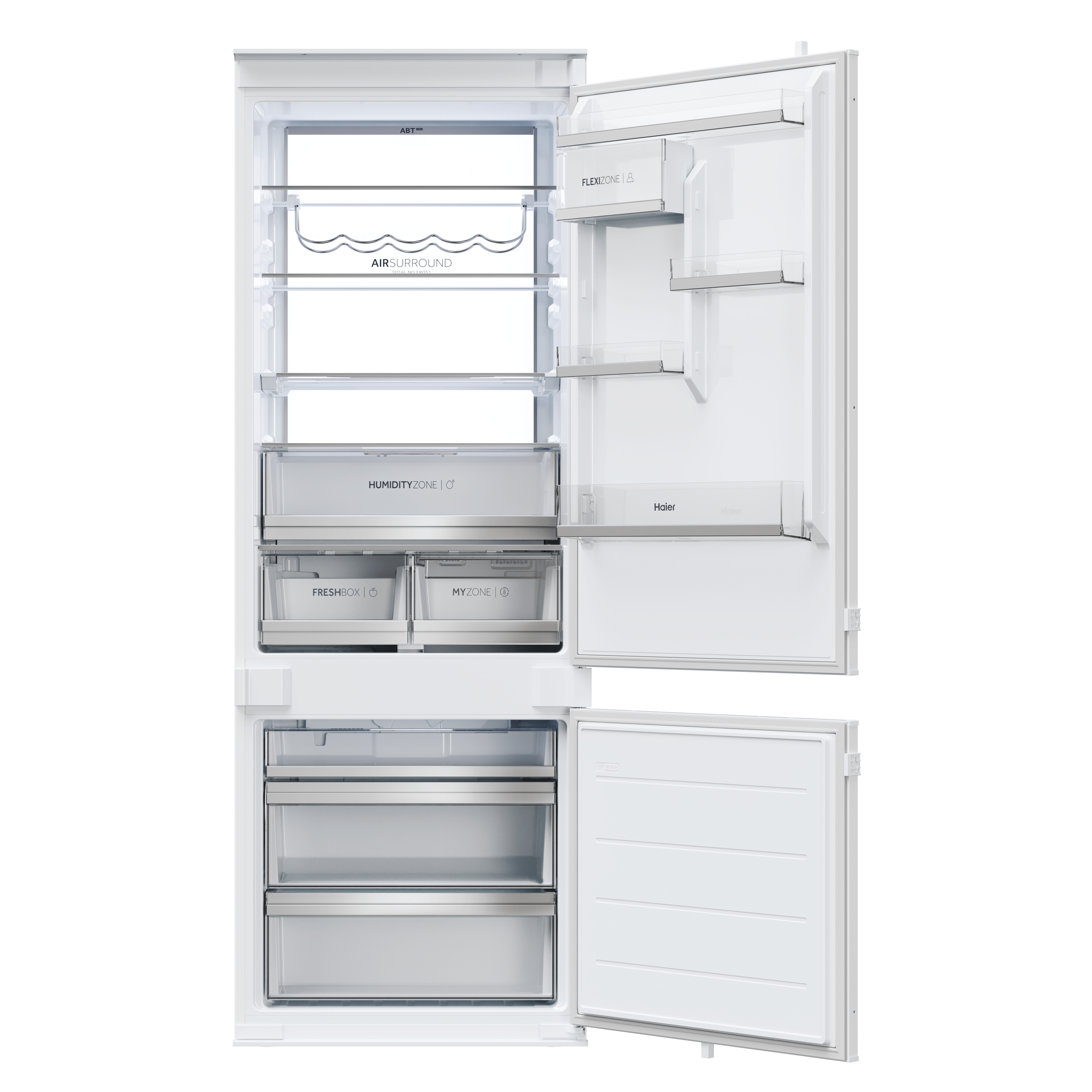 Un frigorífico blanco con las puertas abiertas, revelando estantes y cajones en su interior.