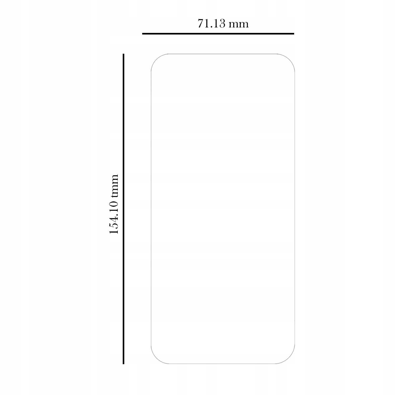 Prostokątna, przezroczysta osłona ekranu z wymiarami 154,10 mm x 71,13 mm na białym tle.