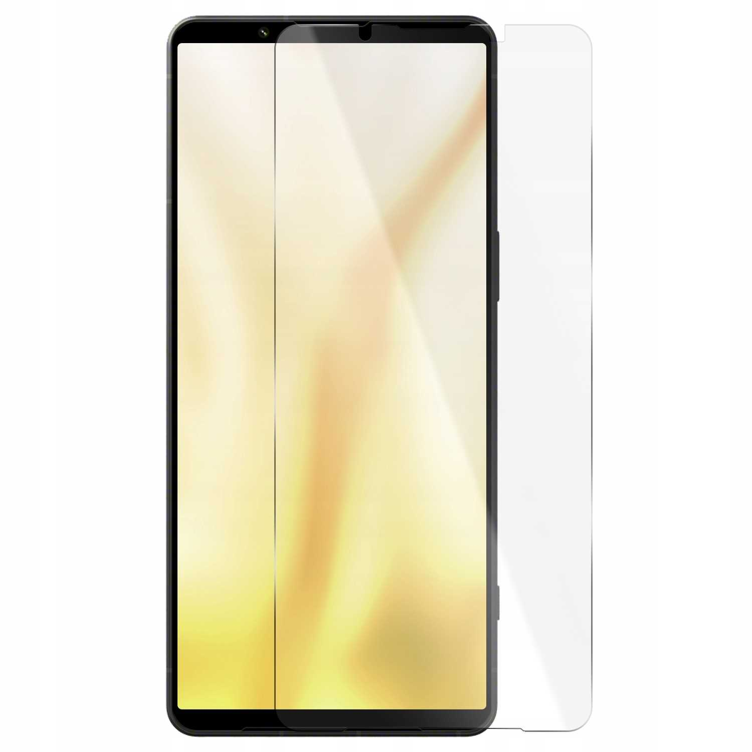 Smartfon z ochraniaczem ekranu. Telefon jest czarny. Ochraniacz jest przezroczysty. Tło jest białe.