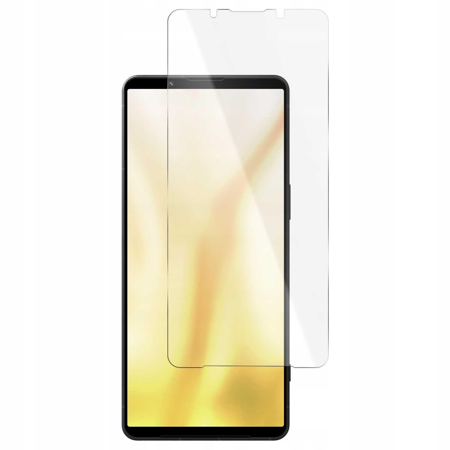 Smartfon z ochraniaczem ekranu. Telefon jest czarny. Ochraniacz jest przezroczysty. Tło jest białe.