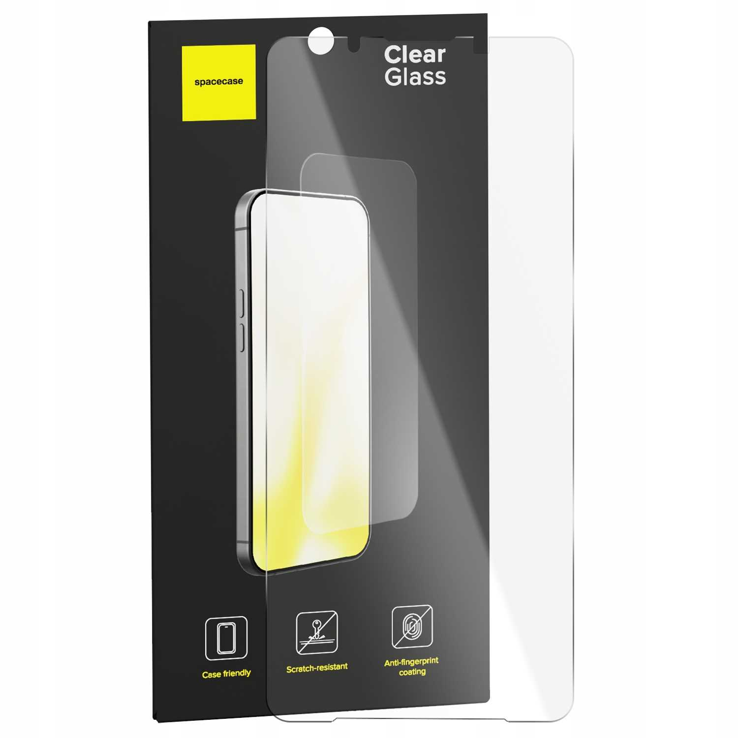 Telefon z osłoną ekranu i opakowaniem. Opakowanie pokazuje obraz telefonu, z etykietą 'Clear Glass'.