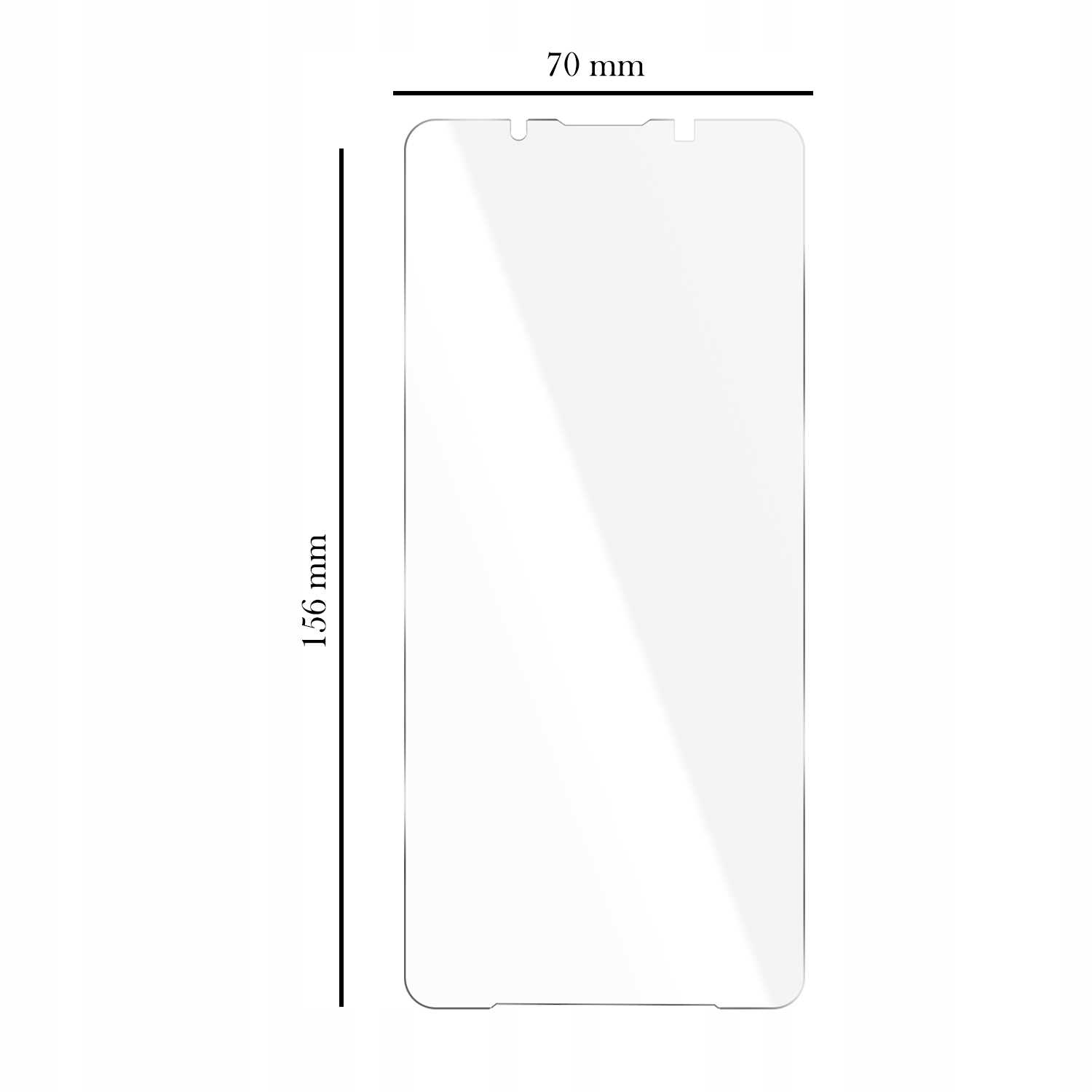 Przezroczysta osłona ekranu z wymiarami. 156 mm wysokości i 70 mm szerokości.