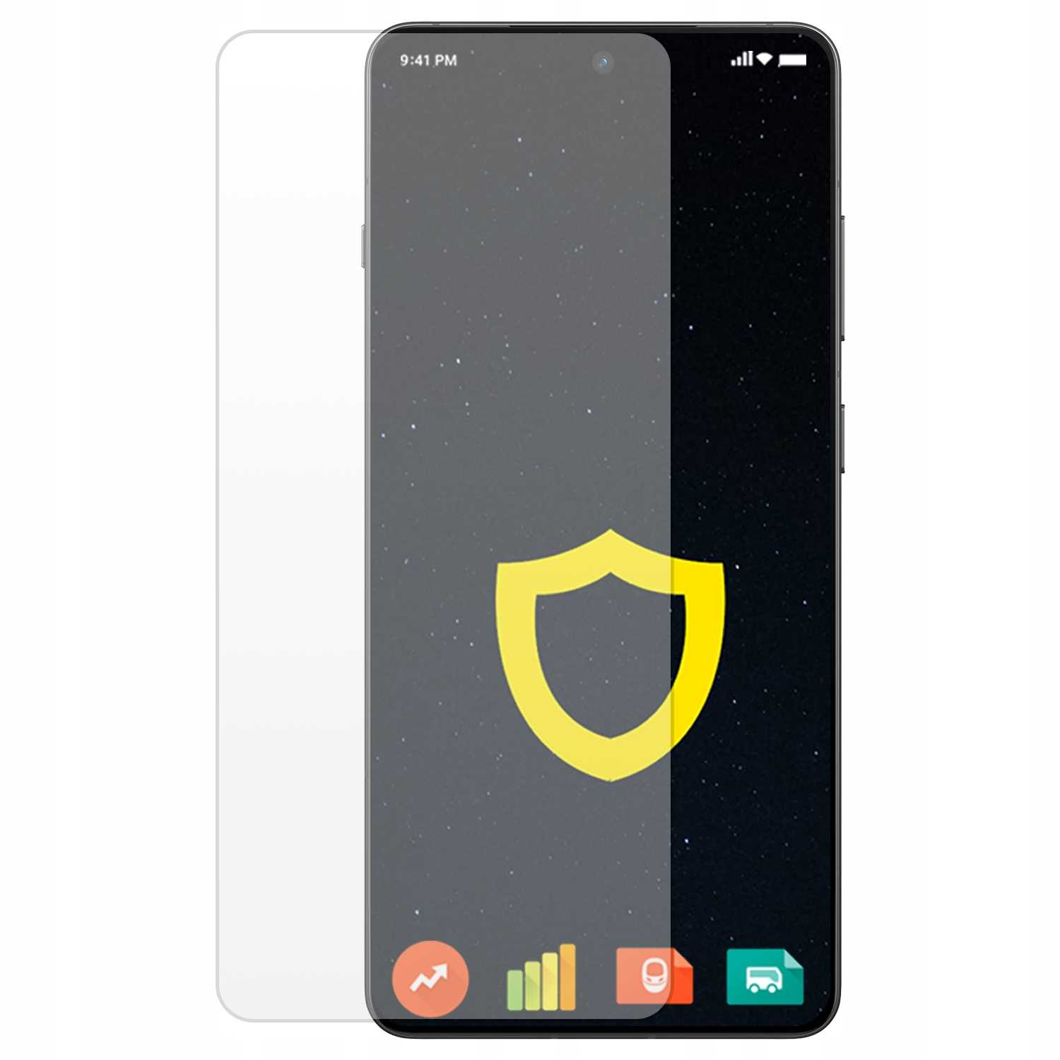 Telefon z ochraniaczem ekranu, wyświetlający nocne niebo z ikoną tarczy.