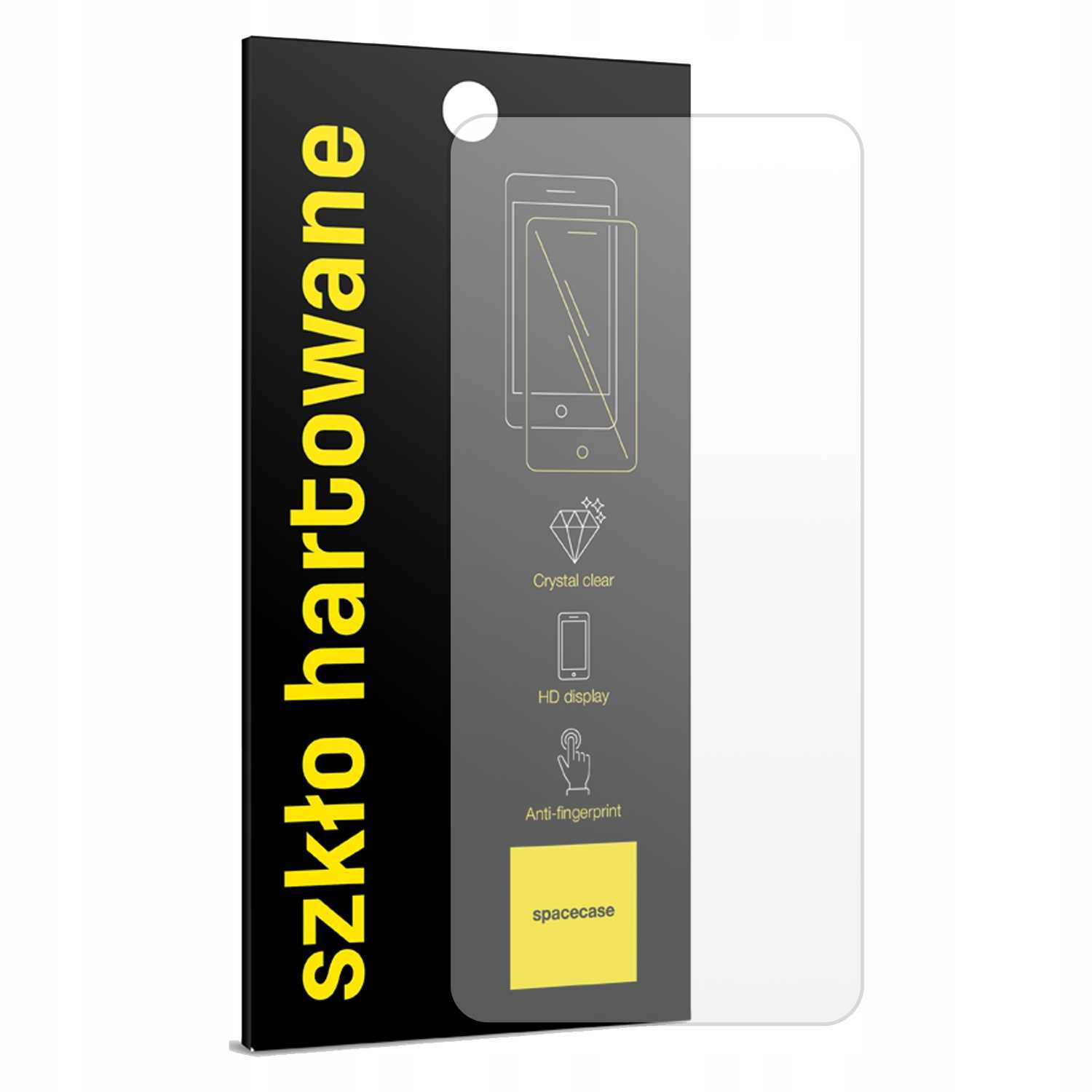 Opakowanie ochraniacza ekranu. Tekst brzmi 'szkło hartowane'. Grafika telefonu i ikon.