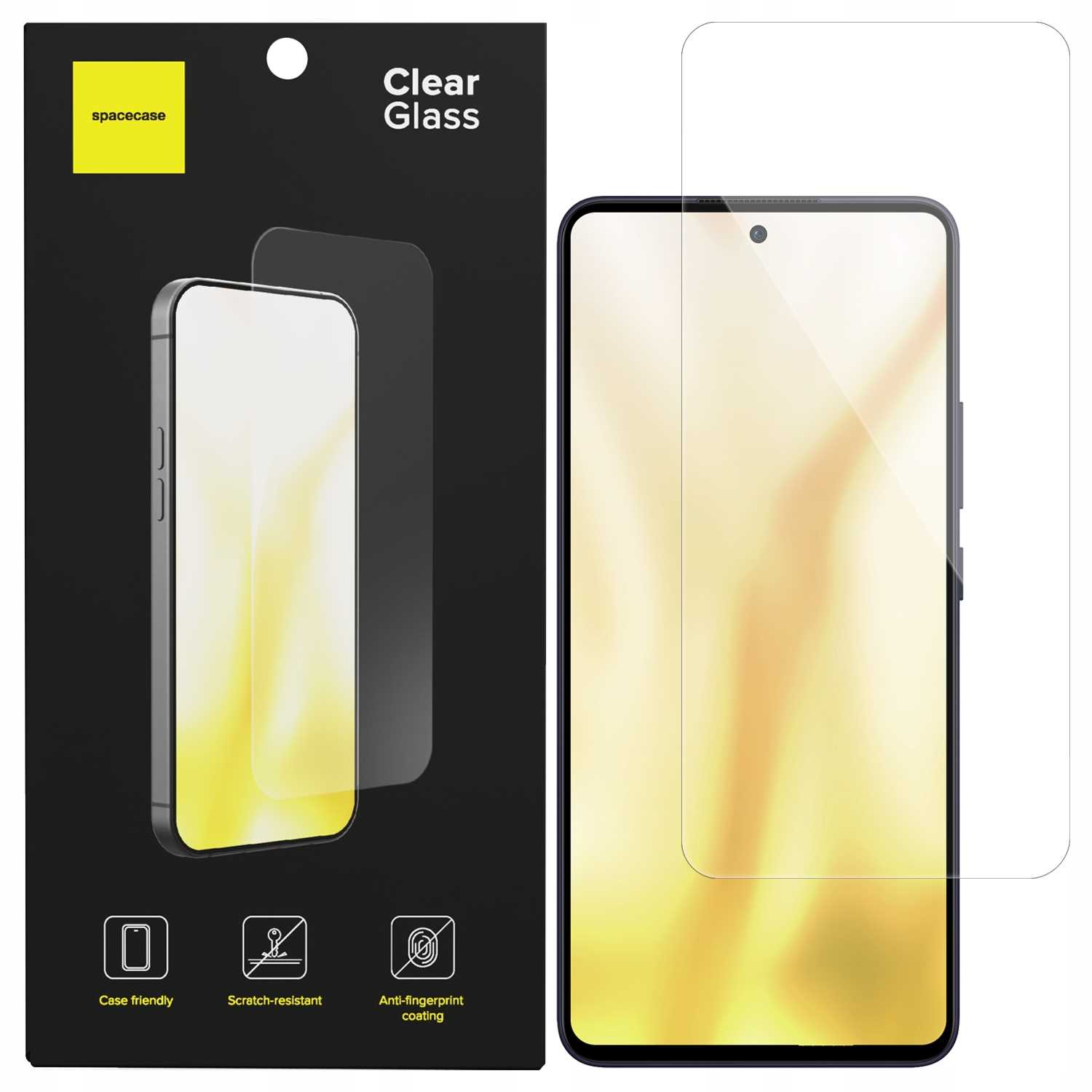 Pudełko ochraniacza ekranu obok smartfona. Na pudełku napis 'Clear Glass'. Z logo spacecase.