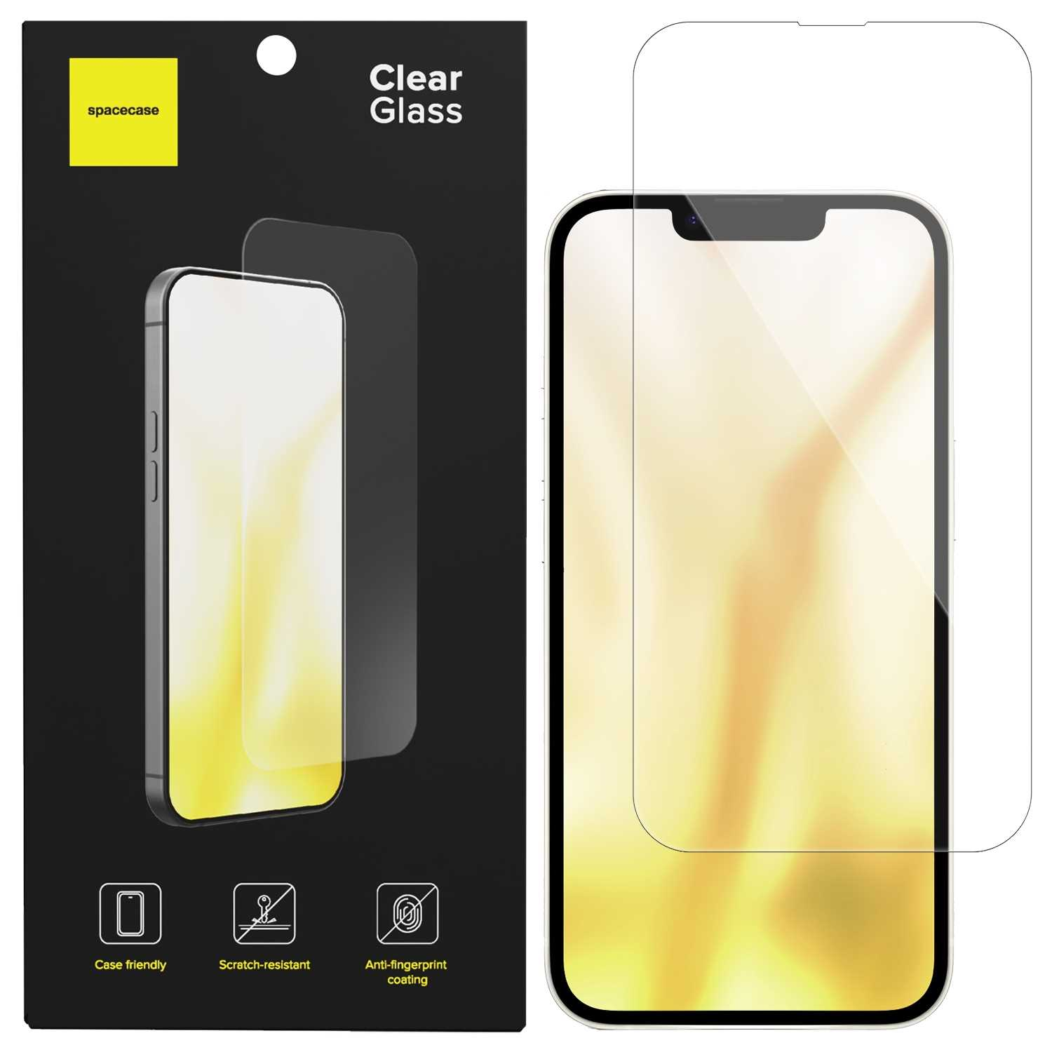 Opakowanie osłony ekranu telefonu. Opakowanie jest czarne i żółte. Ochraniacz jest widoczny.