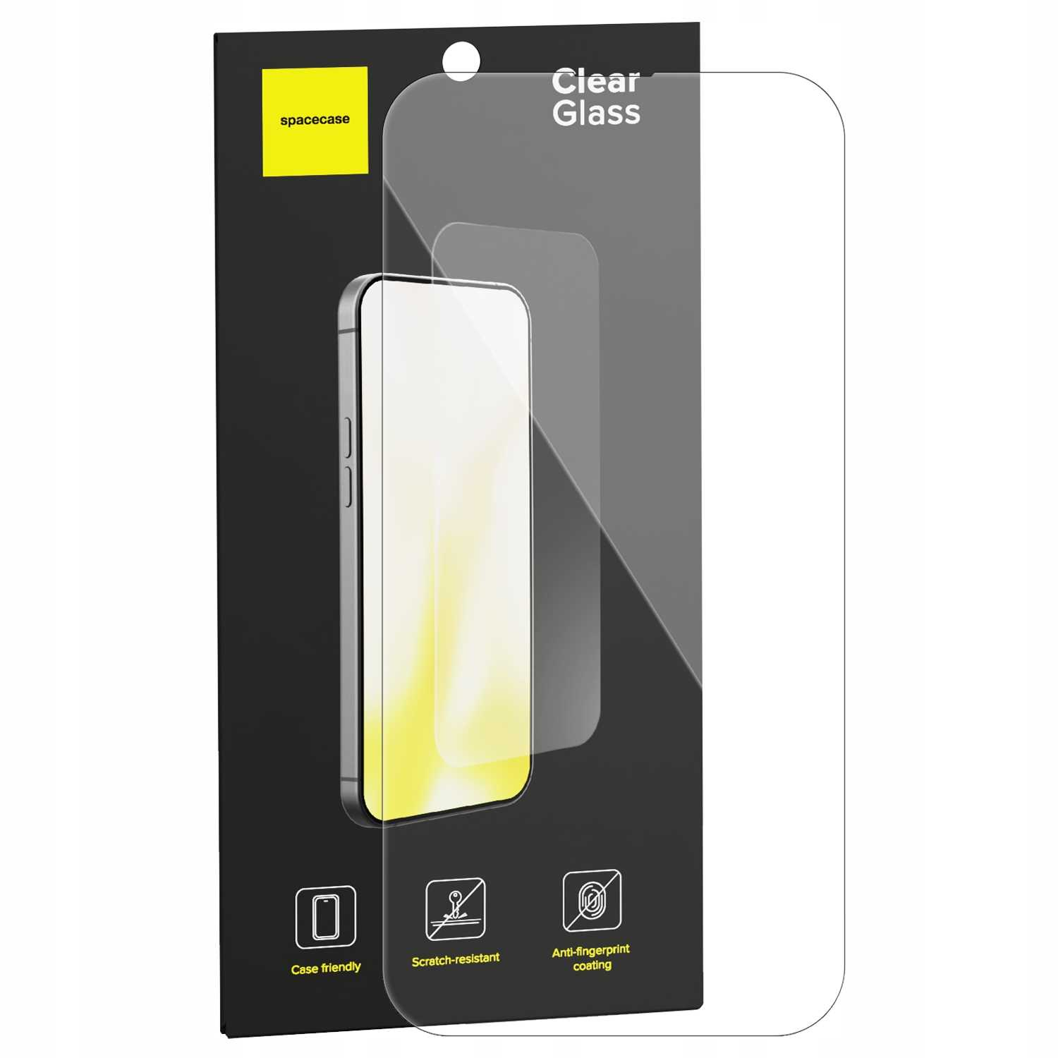 Opakowanie ochraniacza ekranu z grafiką smartfona. Na pudełku napis 'Clear Glass'.