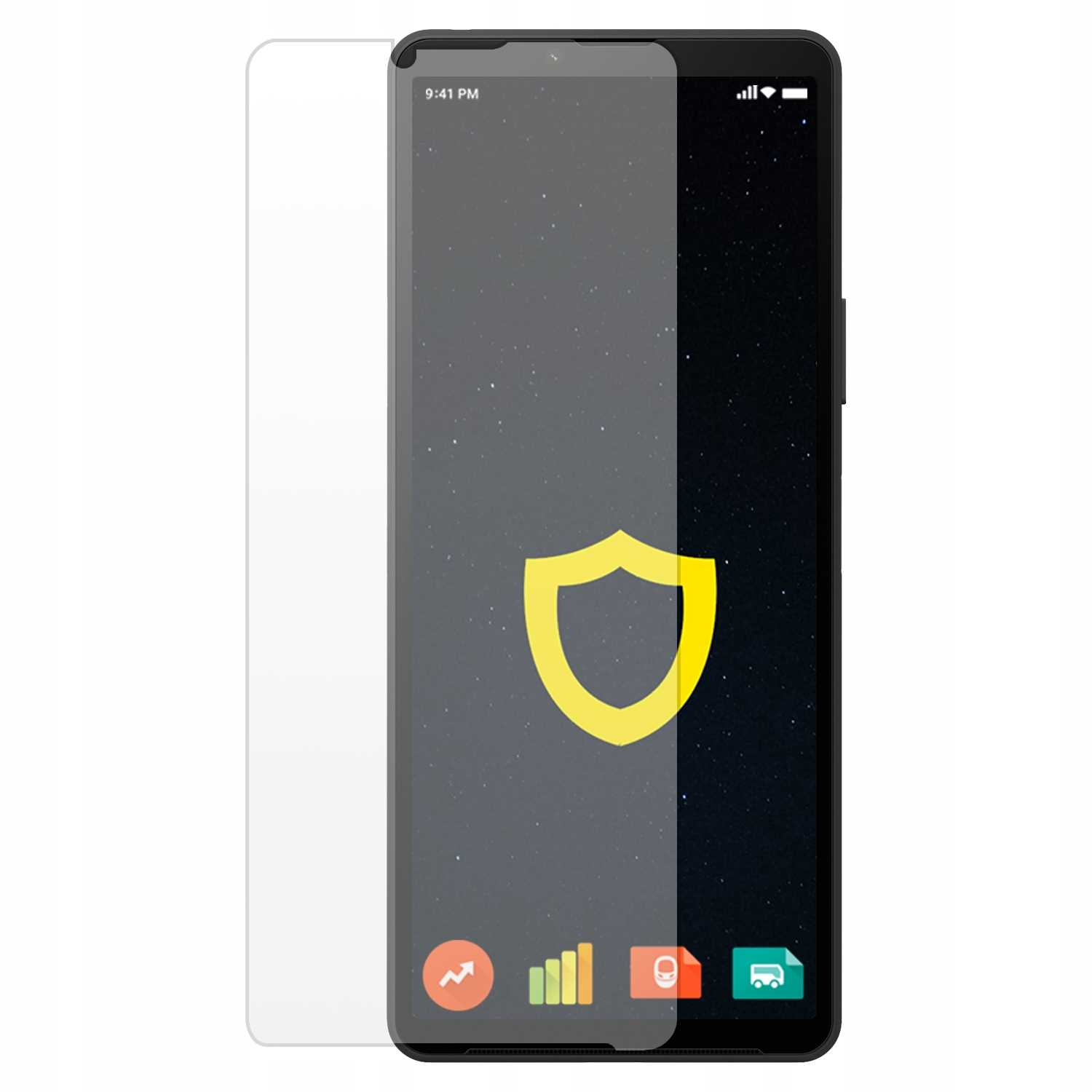Smartfon z nałożoną osłoną ekranu, ekran pokazuje ikonę tarczy, z ikonami na dole.