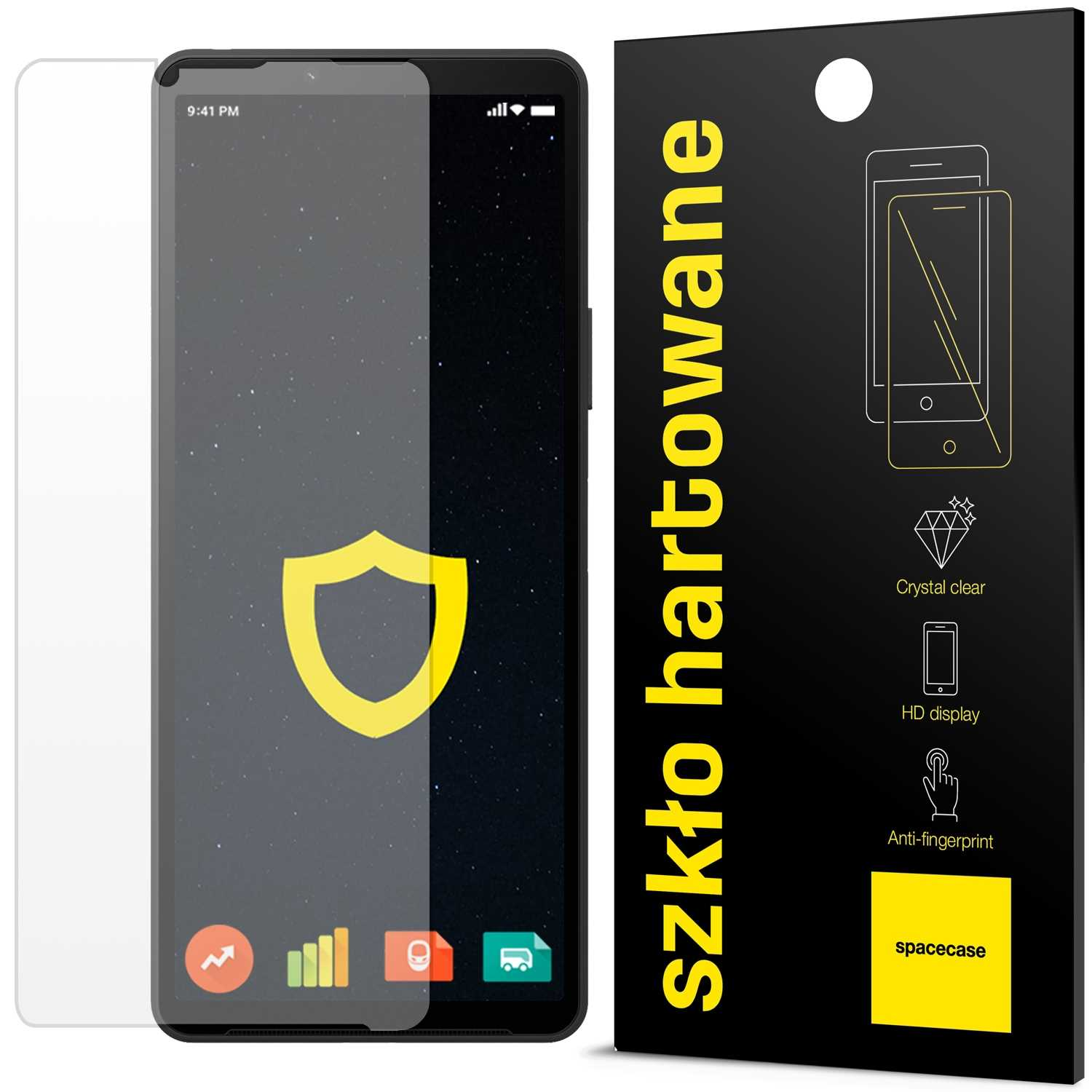 Ochraniacz ekranu telefonu znajduje się obok telefonu. Opakowanie jest czarne i widoczna jest marka „spacecase”.