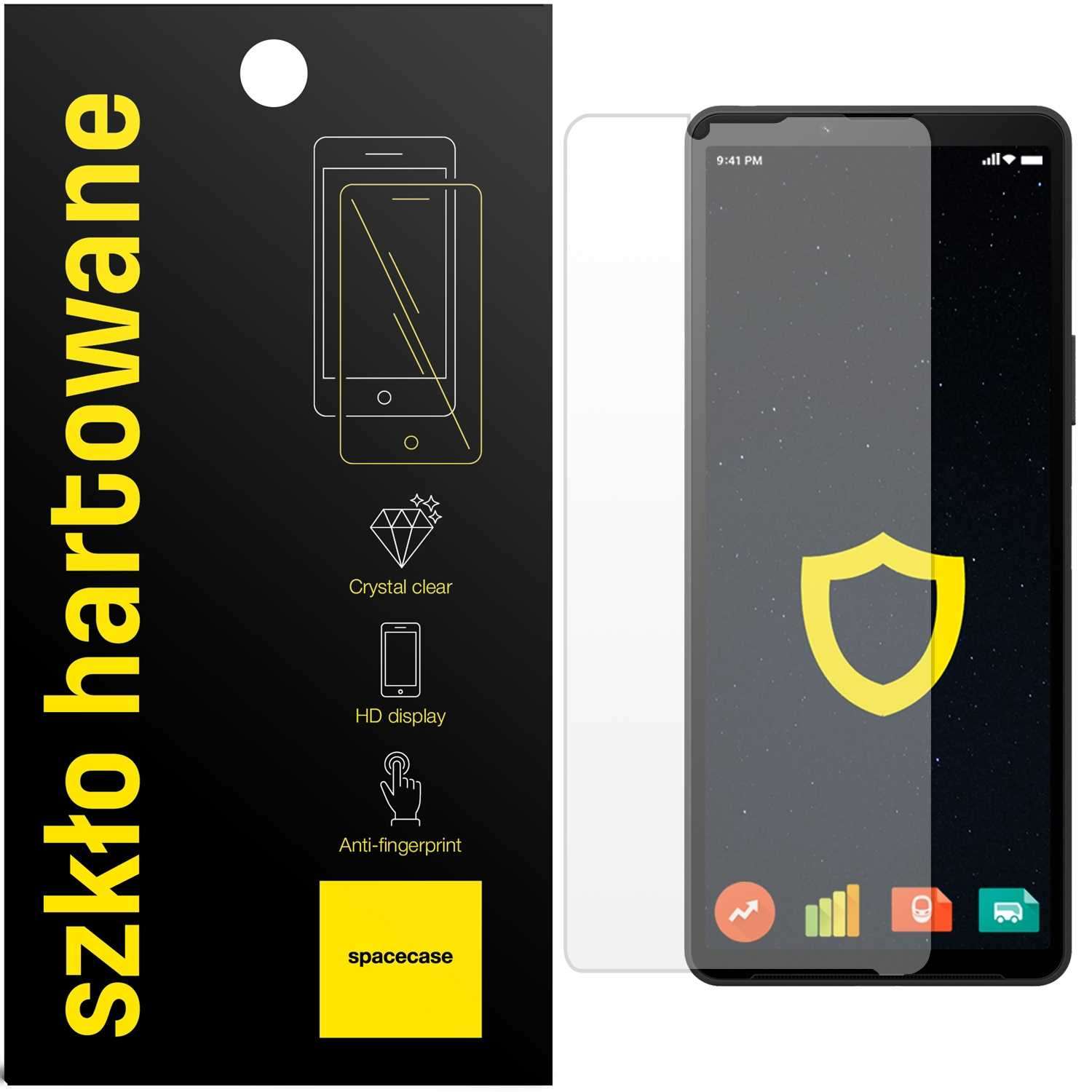Smartfon z opakowaniem ochronnym ekranu. Telefon wyświetla pole gwiazd.
