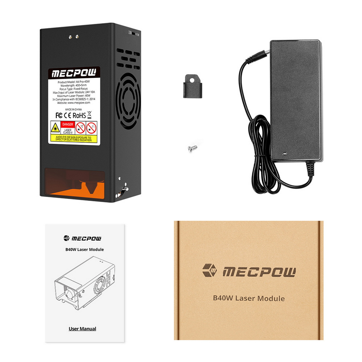 Moduł laserowy, zasilacz, instrukcja i pudełko. Czarno-pomarańczowa kolorystyka.