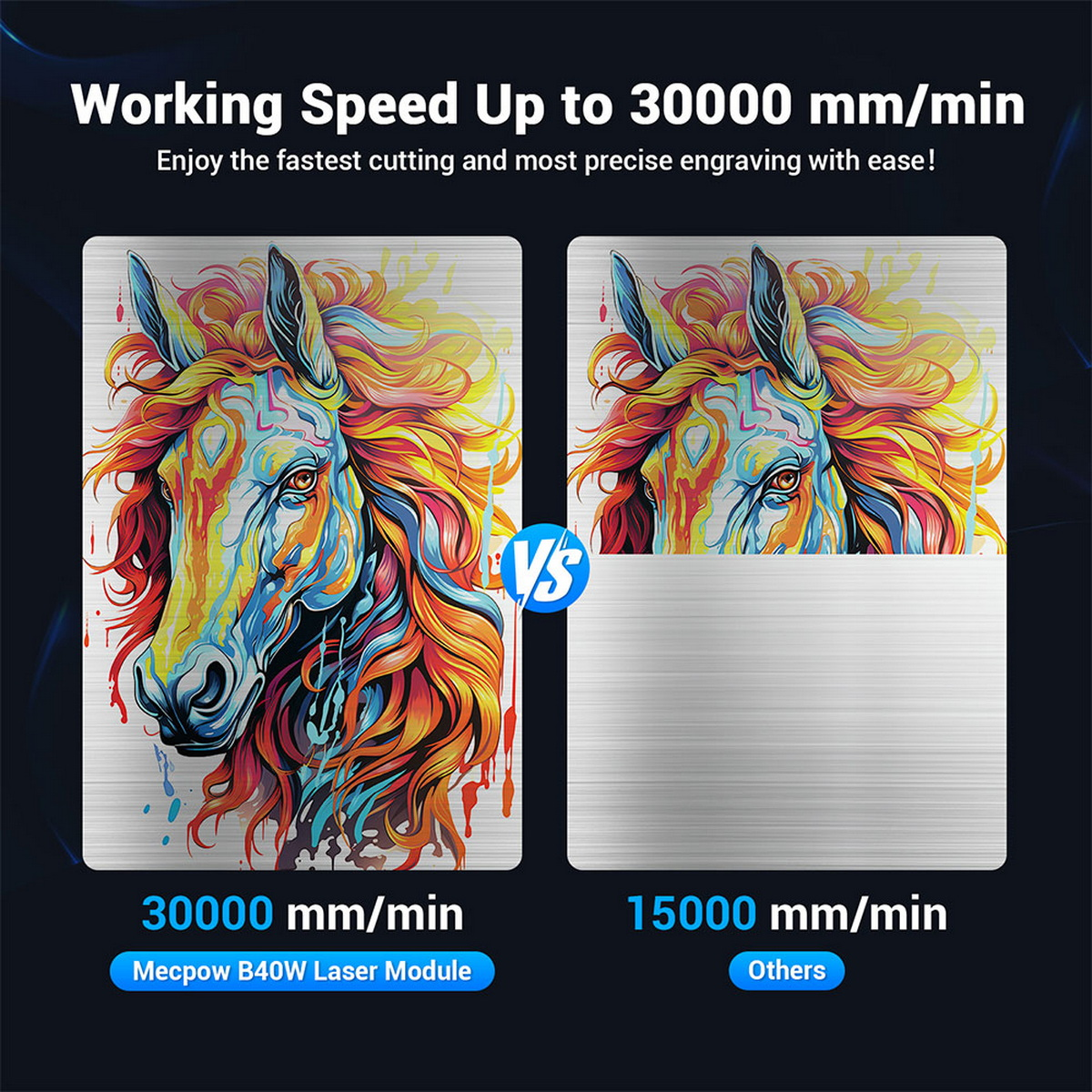 Obraz kontrastuje kolorowy grawerunek konia z gładką blachą, podkreślając prędkości grawerowania laserowego.