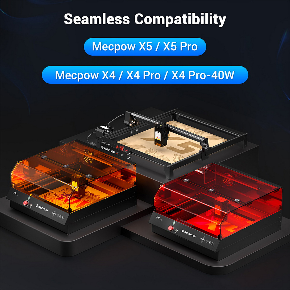 Trzy maszyny do grawerowania laserowego z pomarańczowymi i czerwonymi przezroczystymi osłonami oraz czarna maszyna z grawerem na drewnie.