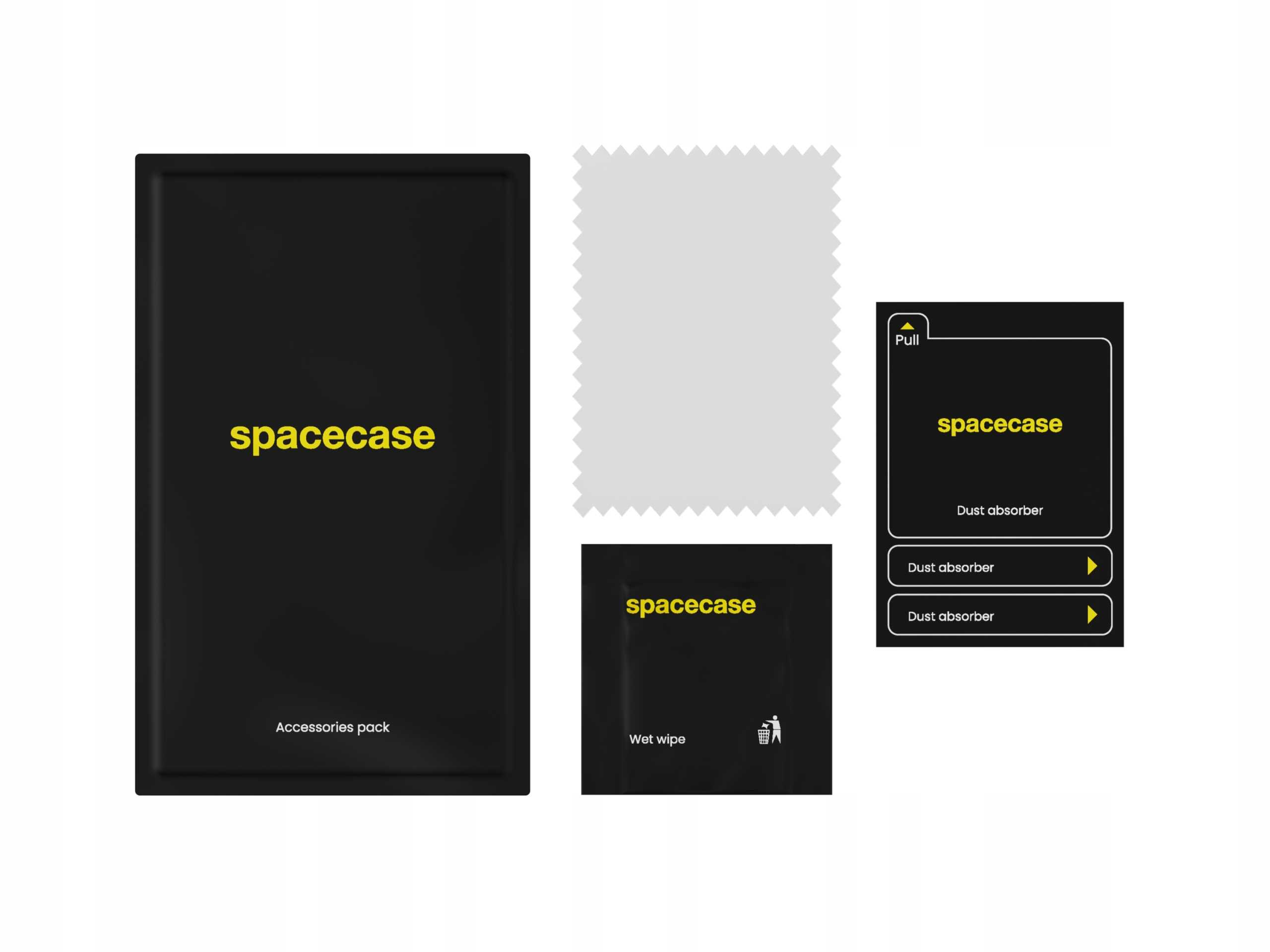 Zestaw akcesoriów zawierający chusteczki nawilżane, pochłaniacze pyłu i ściereczkę do czyszczenia, wszystkie oznaczone żółtym napisem „spacecase”.