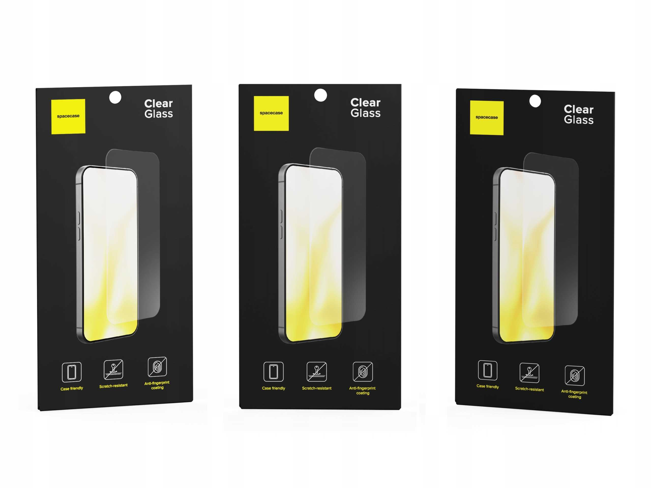 Trzy opakowania ochraniaczy ekranu telefonu z obrazem telefonu i ikonami dla przyjazności dla obudowy, odporności na zarysowania i zapobiegania odciskom palców.