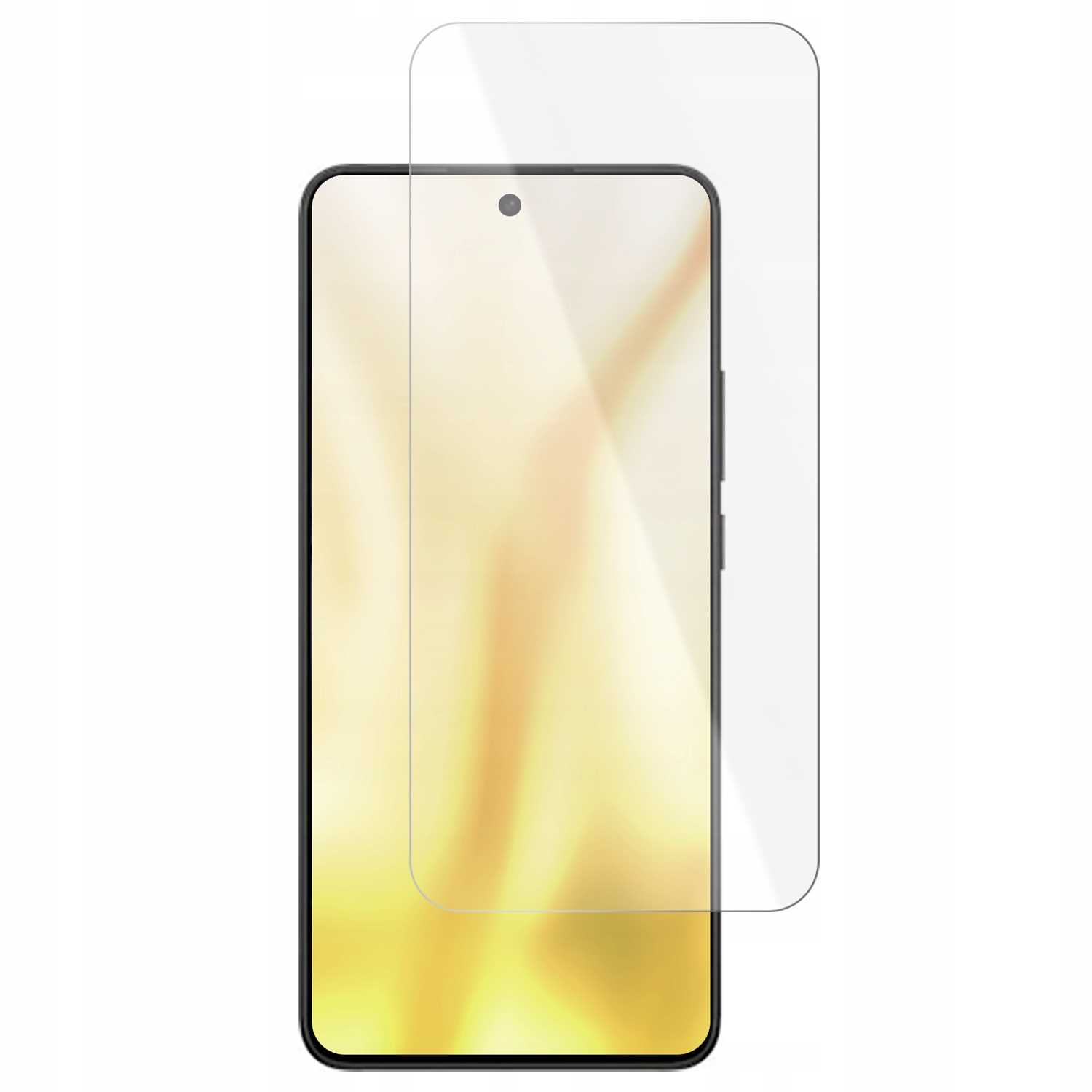 Smartfon z nałożonym ochraniaczem ekranu, na białym tle, z żółtym gradientem.
