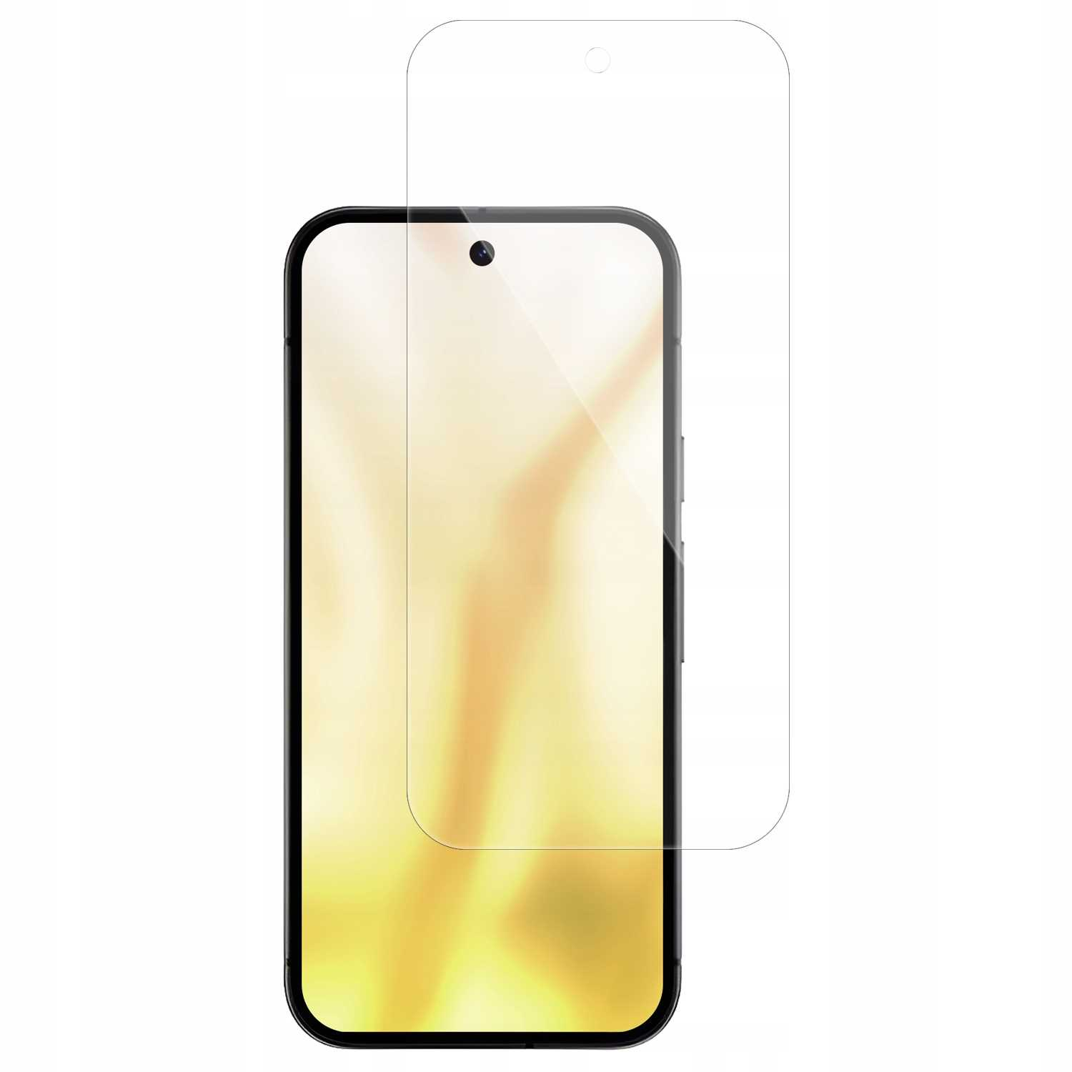 Telefon z nałożoną osłoną ekranu, z żółto-białym tłem i czarną obwódką.