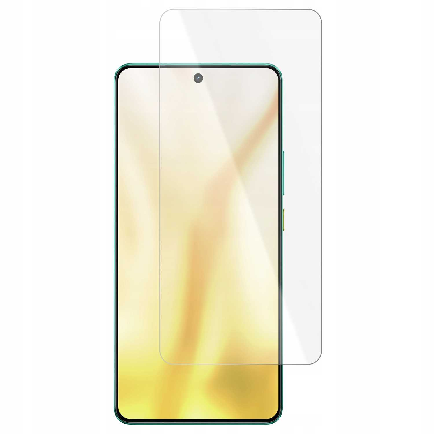 Smartfon z ramką teal, z nałożonym przezroczystym ochraniaczem ekranu, na białym tle.
