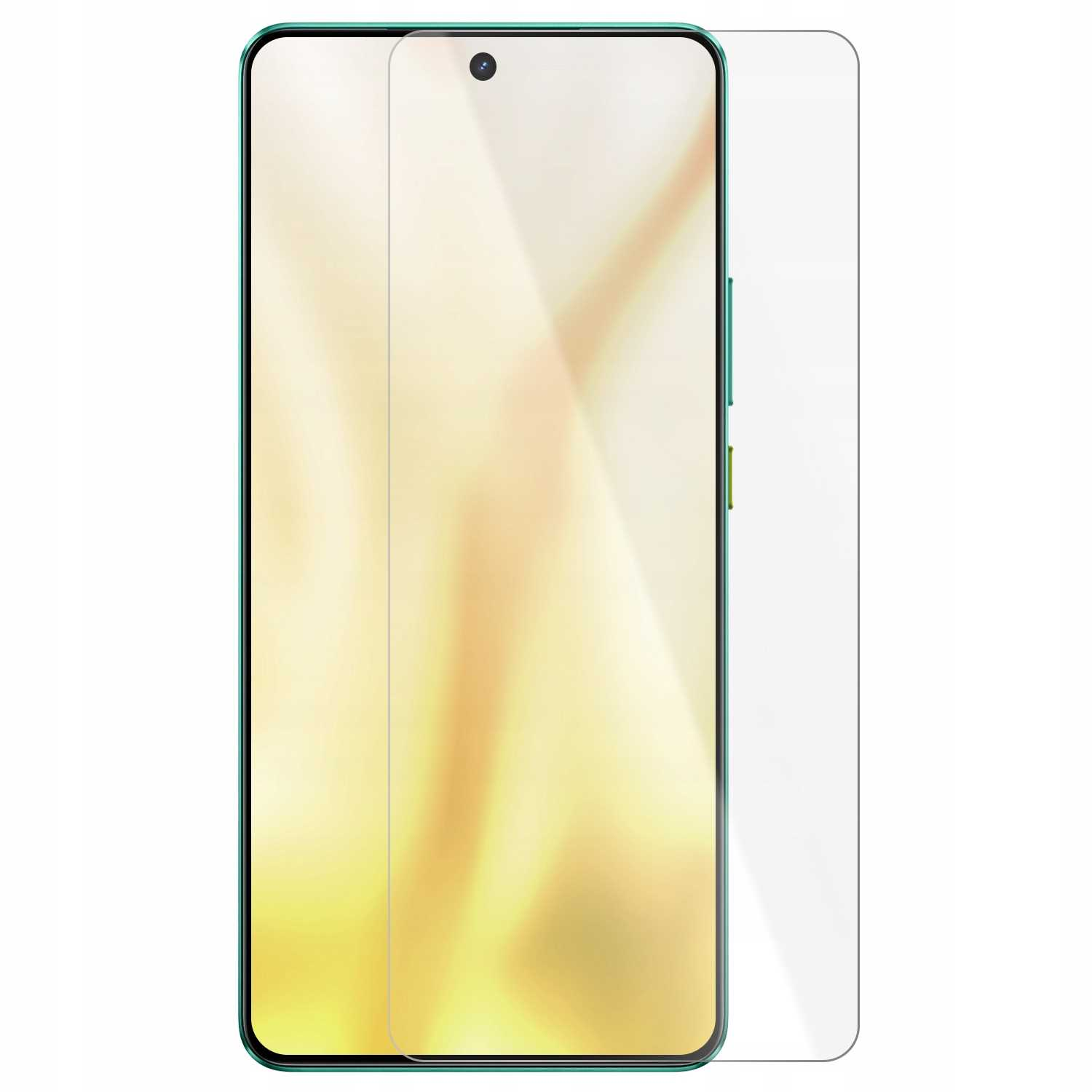 Smartfon z nałożoną osłoną ekranu. Ekran jest żółty, a telefon ma turkusową ramkę.