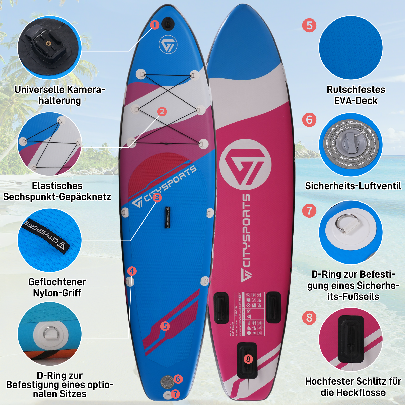 Das Bild zeigt Details eines Paddleboards und hebt dessen Design, Eigenschaften und Konstruktionselemente hervor.