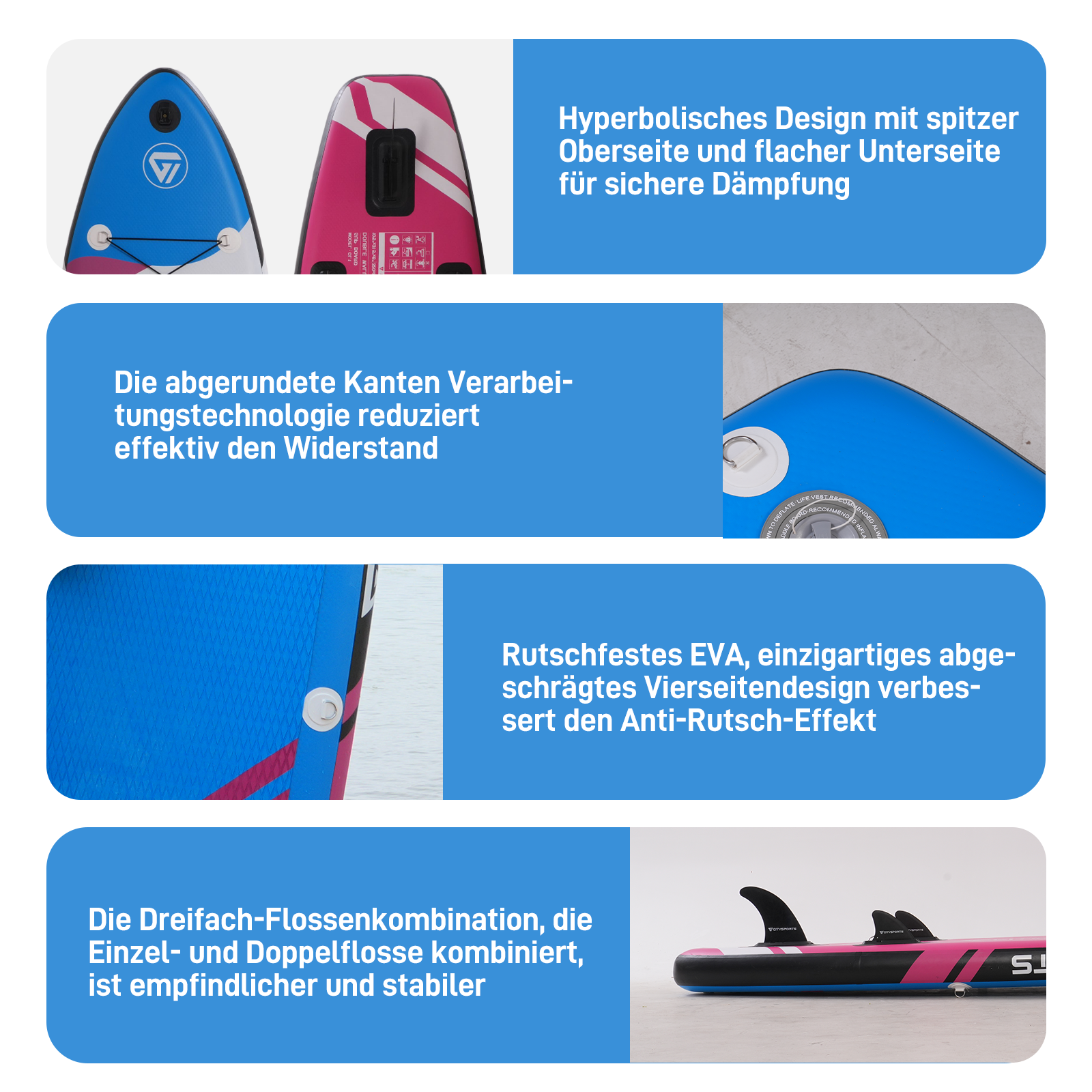 Das Bild zeigt Details eines Paddleboards und hebt dessen Design, Eigenschaften und Konstruktionselemente hervor.