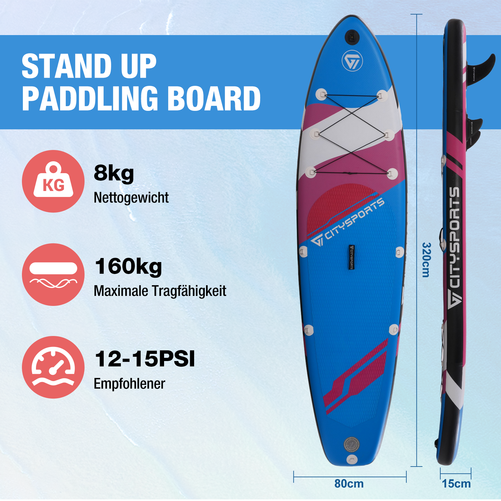 Das Bild zeigt die Abmessungen und Spezifikationen eines Stand-Up-Paddleboards, einschließlich Gewicht, Kapazität und PSI.