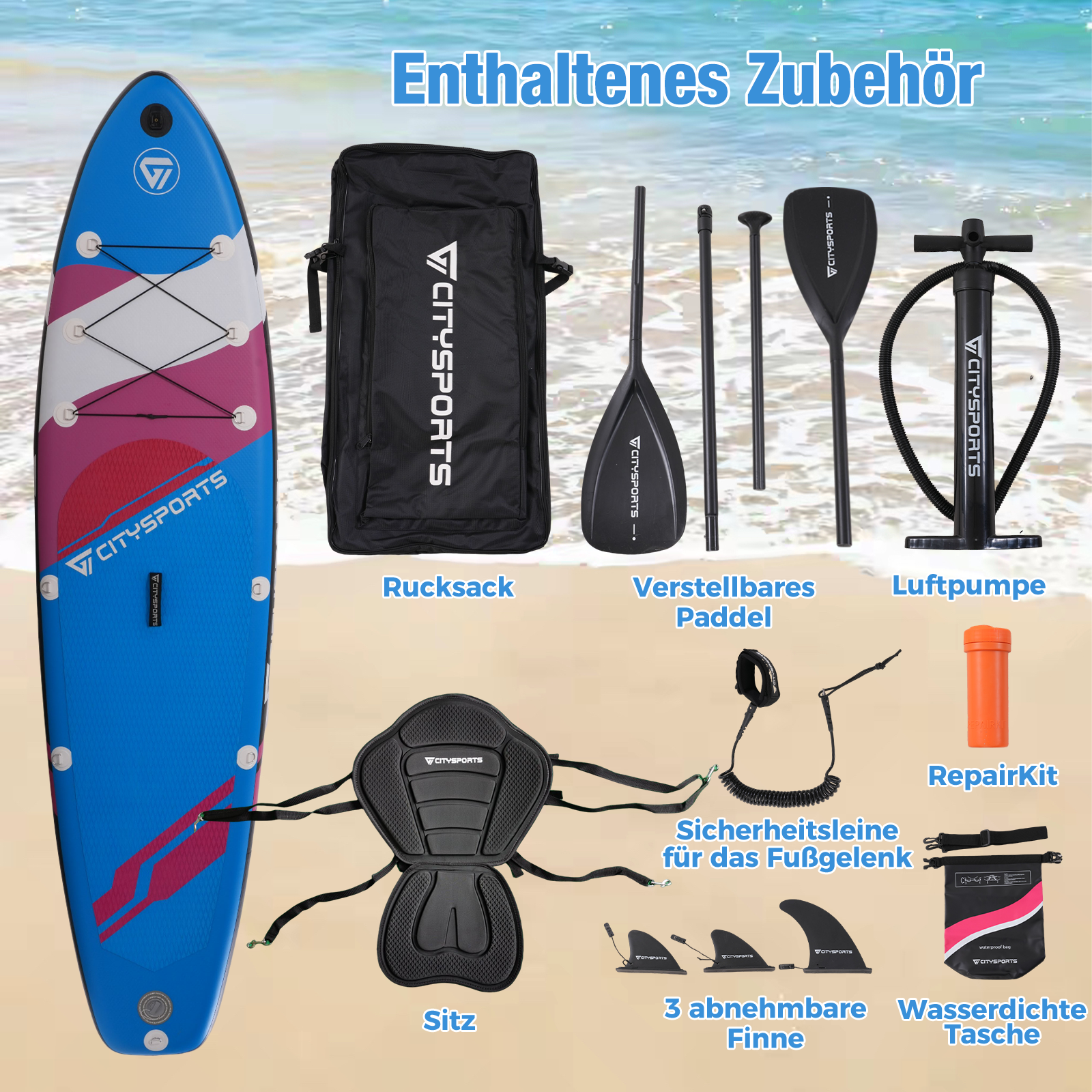 Das Bild zeigt ein Paddleboard und Zubehör, darunter ein Paddel, eine Pumpe, einen Sitz und ein Reparaturset, an einem Strand.