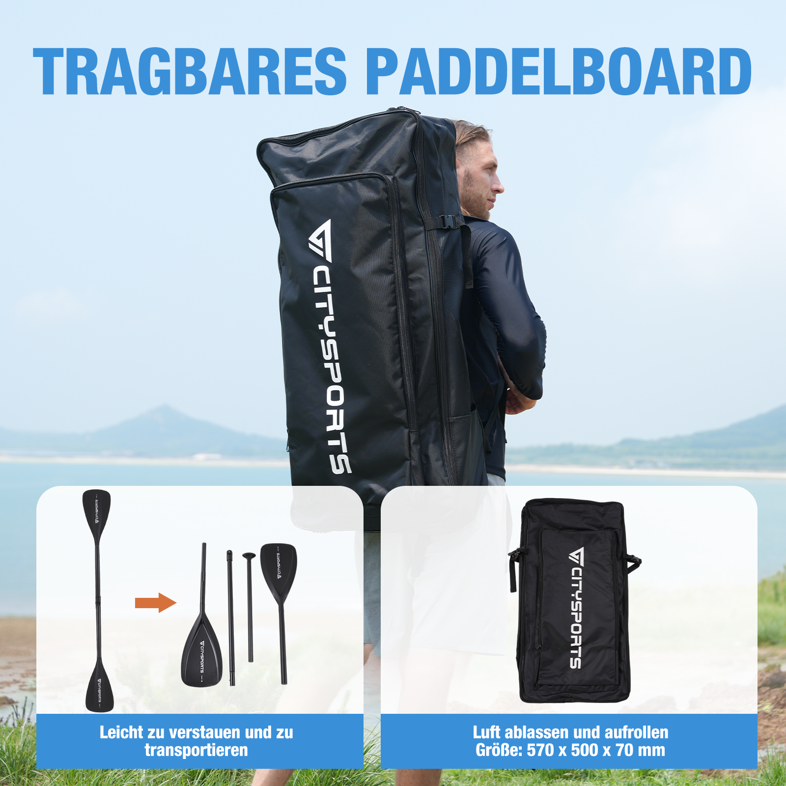 Ein Mann trägt eine schwarze Tasche mit einem Paddleboard neben einem See und Bergen im Hintergrund.