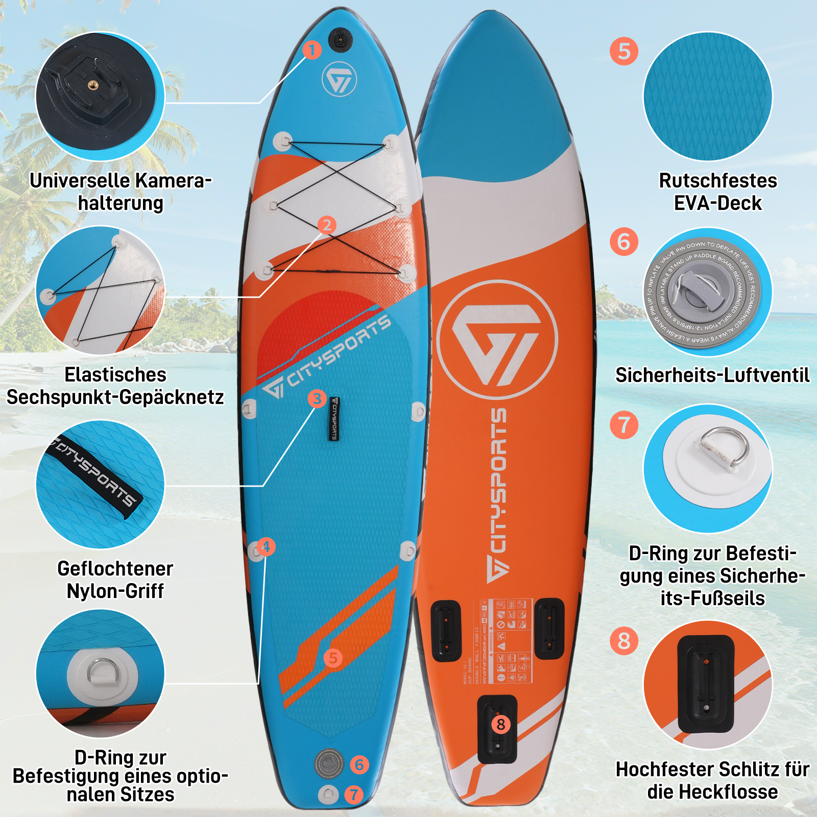 Das Bild zeigt Details eines Paddleboards und hebt dessen Design, Eigenschaften und Konstruktionselemente hervor.