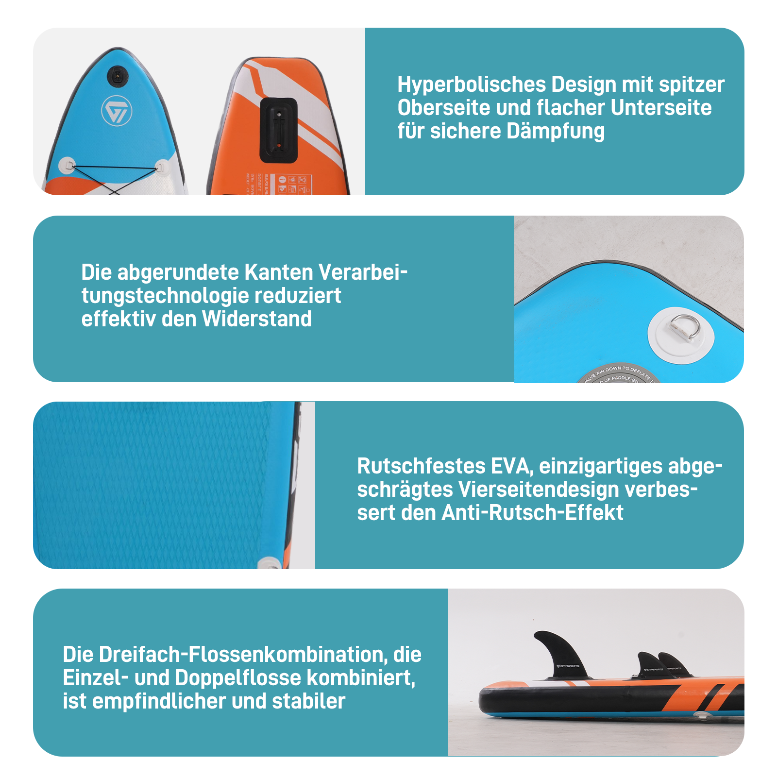 Das Bild zeigt Details eines Paddleboards und hebt dessen Design, Eigenschaften und Konstruktionselemente hervor.