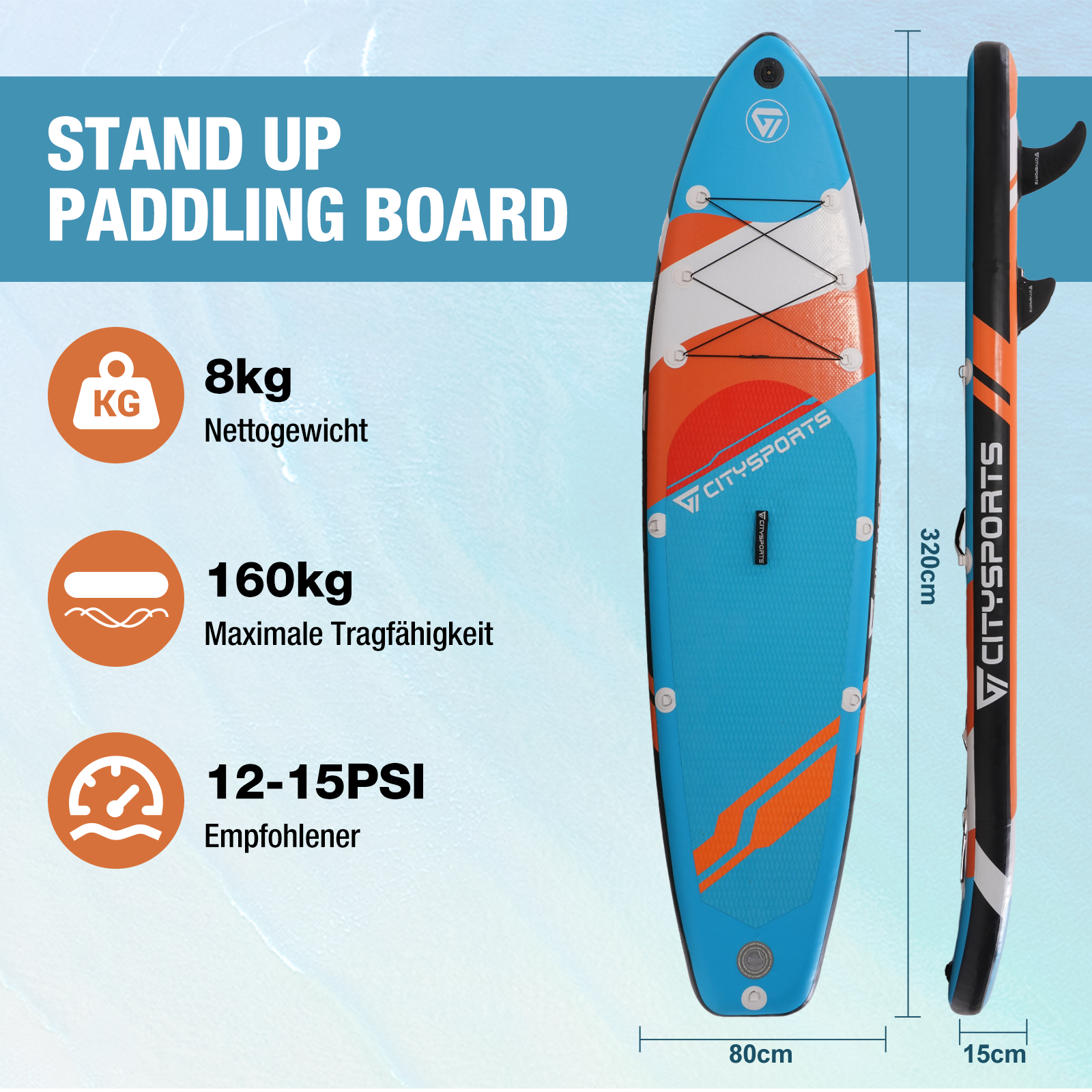 Das Bild zeigt die Abmessungen und Spezifikationen eines Stand-Up-Paddleboards, einschließlich Gewicht, Kapazität und PSI.