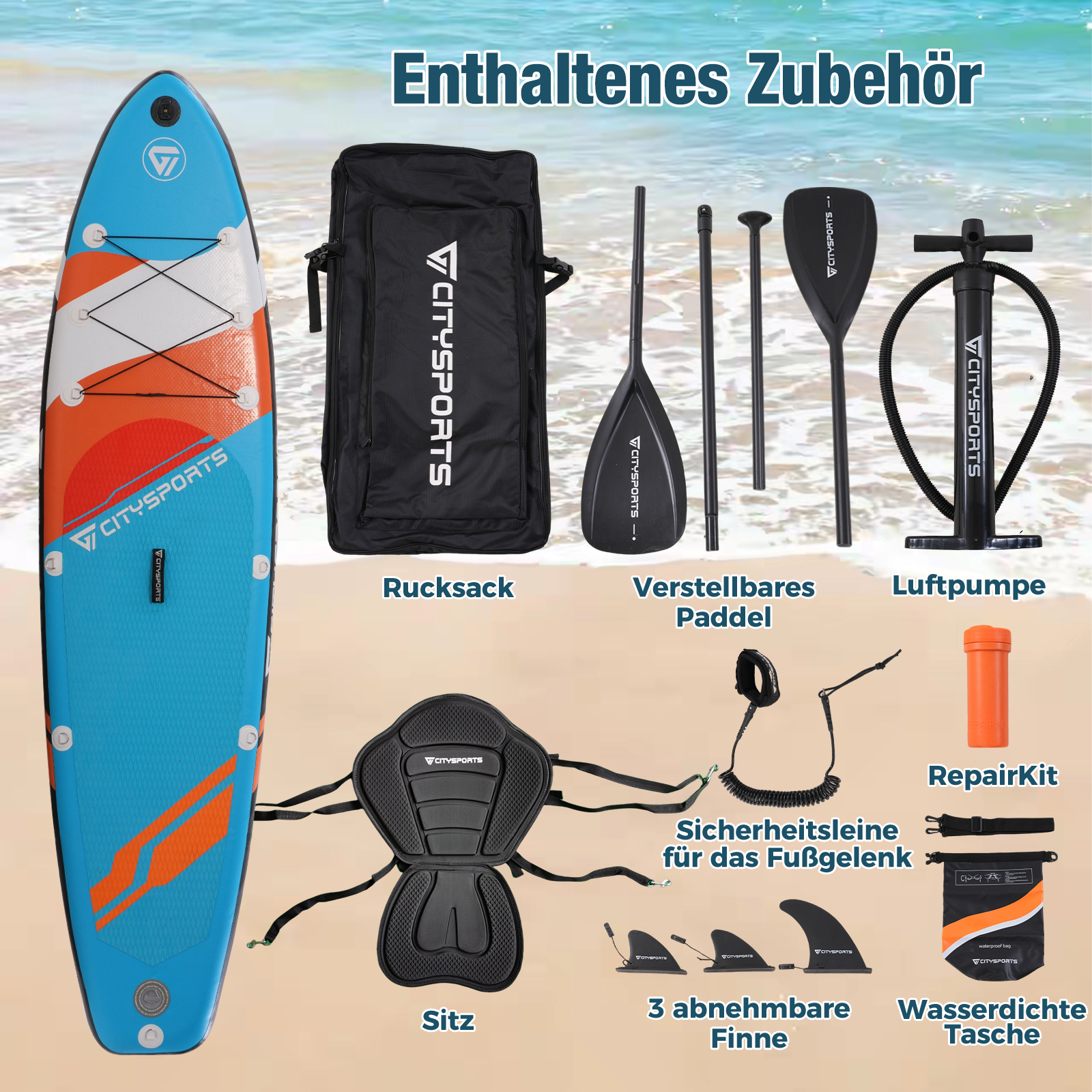Das Bild zeigt ein Paddleboard und Zubehör, darunter ein Paddel, eine Pumpe, einen Sitz und ein Reparaturset, an einem Strand.