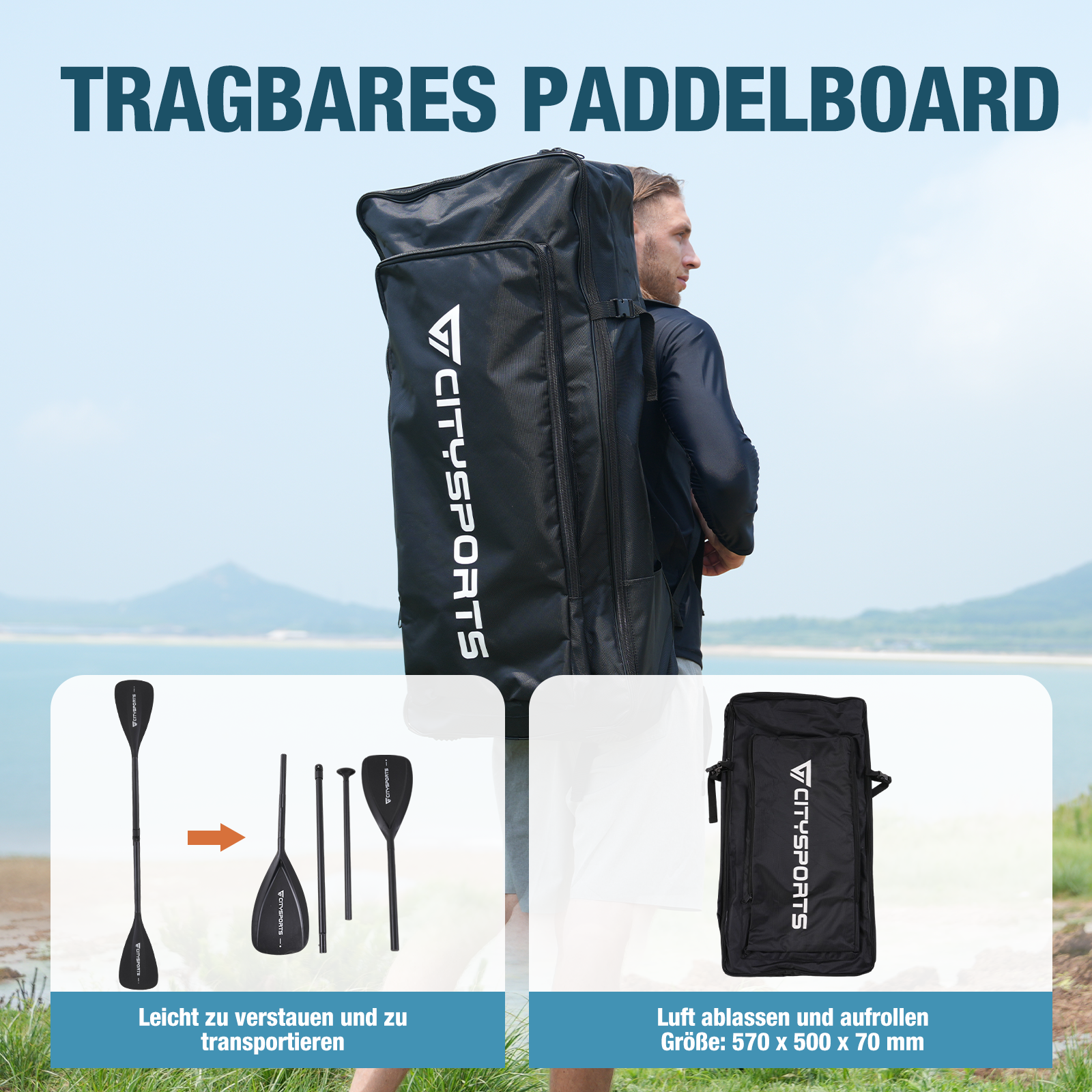 Ein Mann trägt eine schwarze Paddleboard-Tasche mit Text, in der Nähe von Wasser und Bergen.
