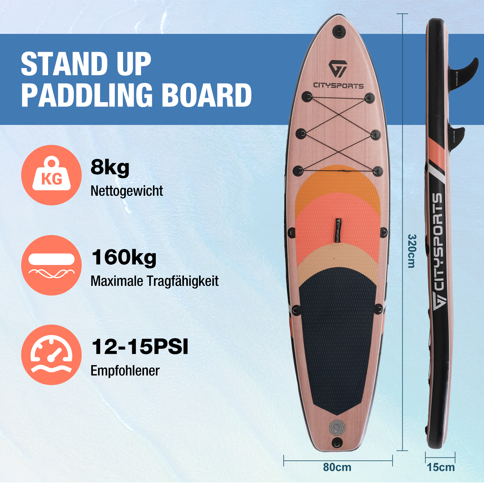 Stand up paddle board. Planche rose avec des touches orange et noir. Détails du texte : 8 kg, charge maximale 160 kg, 12-15 PSI.