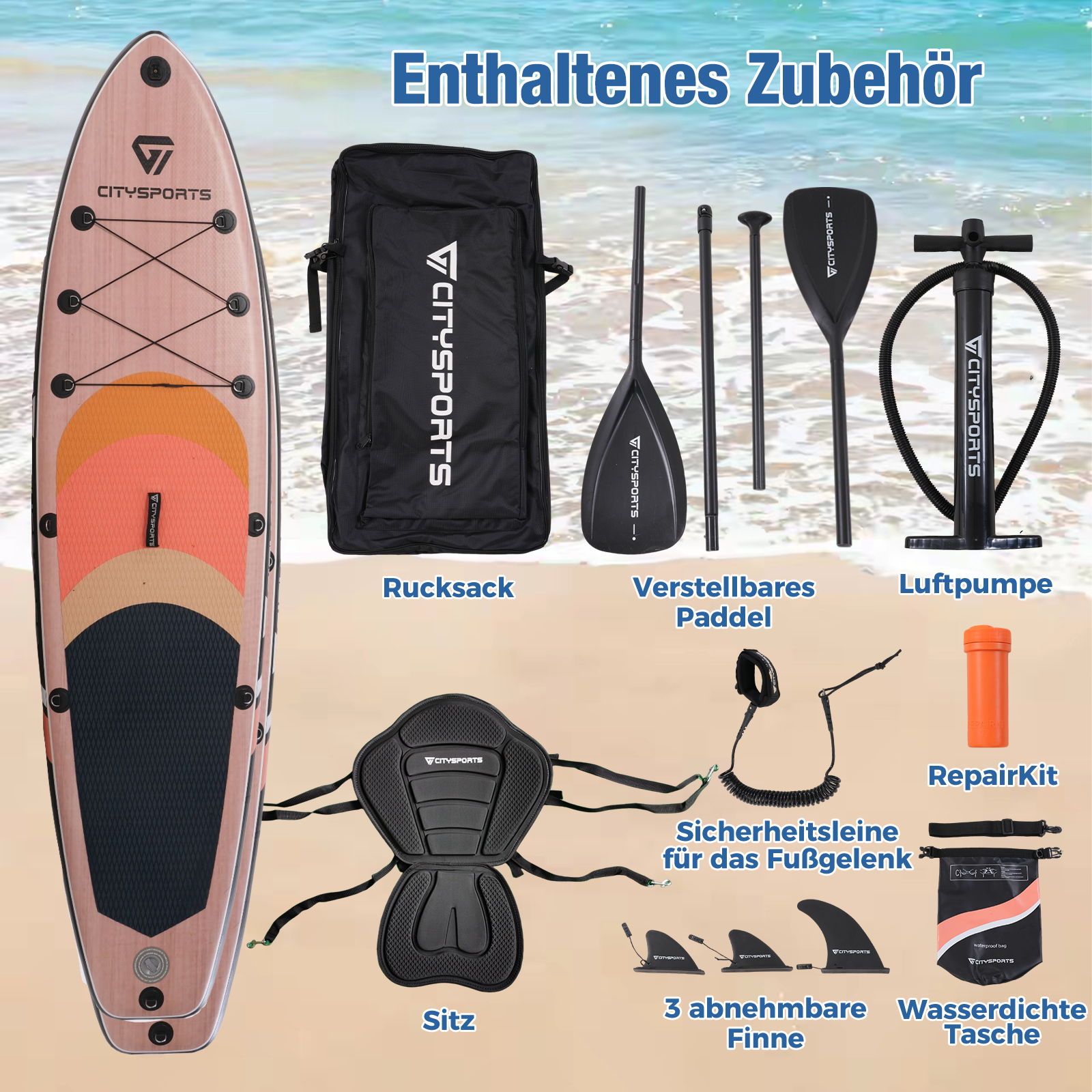 Un kit de paddleboard avec une planche, un sac à dos, une pompe et des accessoires est affiché.