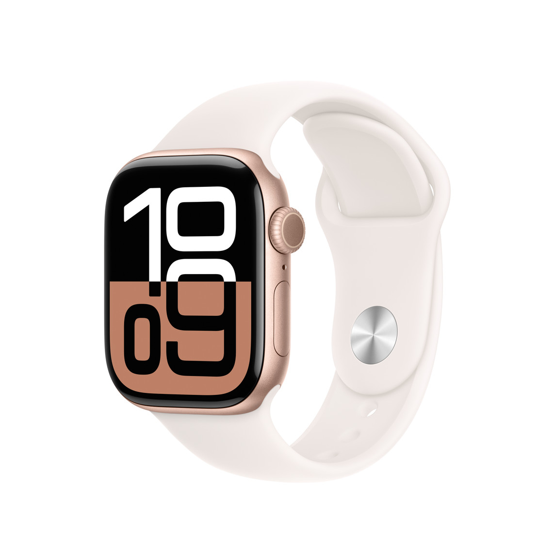 Un Apple Watch con schermo nero che mostra 19:09 con cinturino bianco.