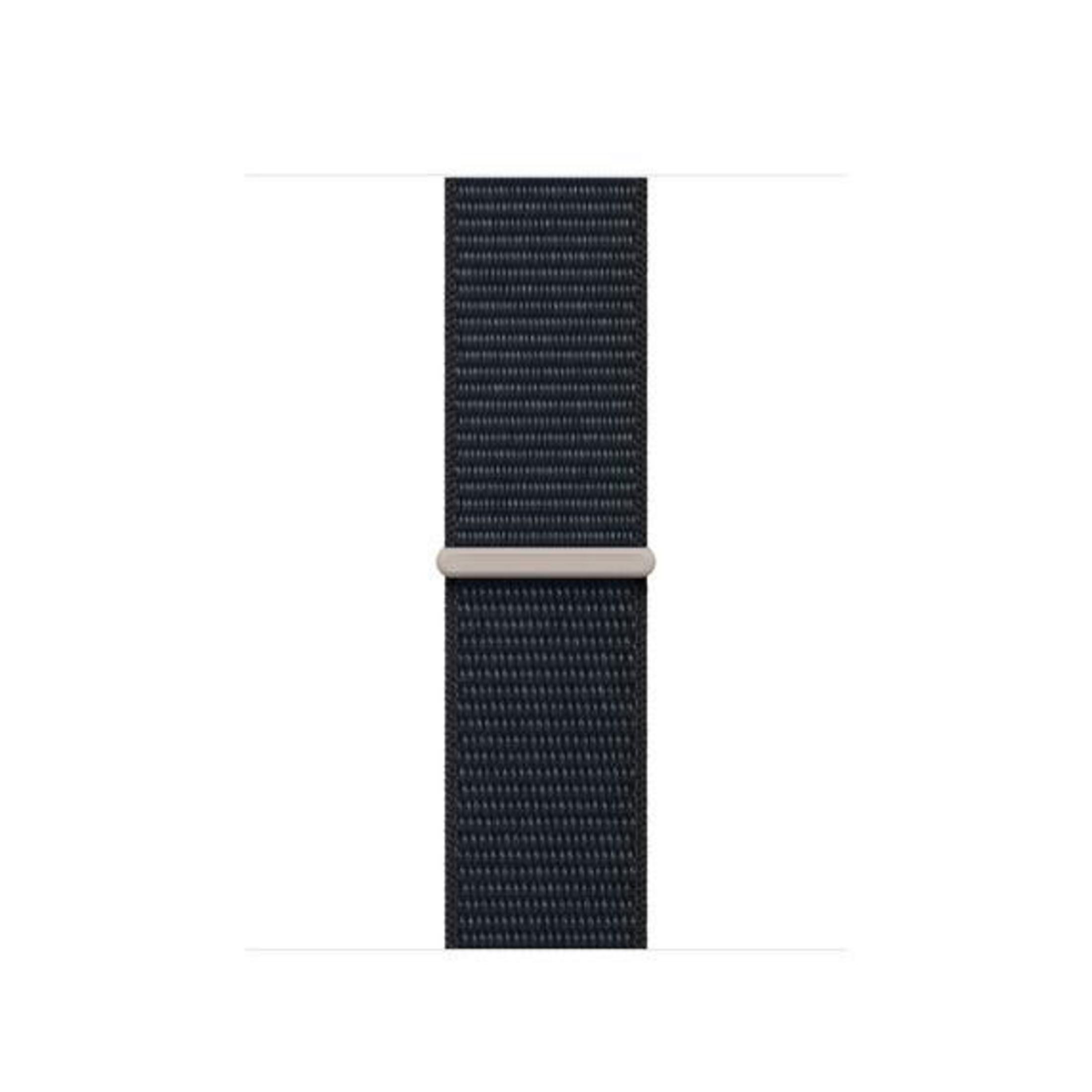 A close-up of a dark blue watch strap with a silver clasp against a white background.