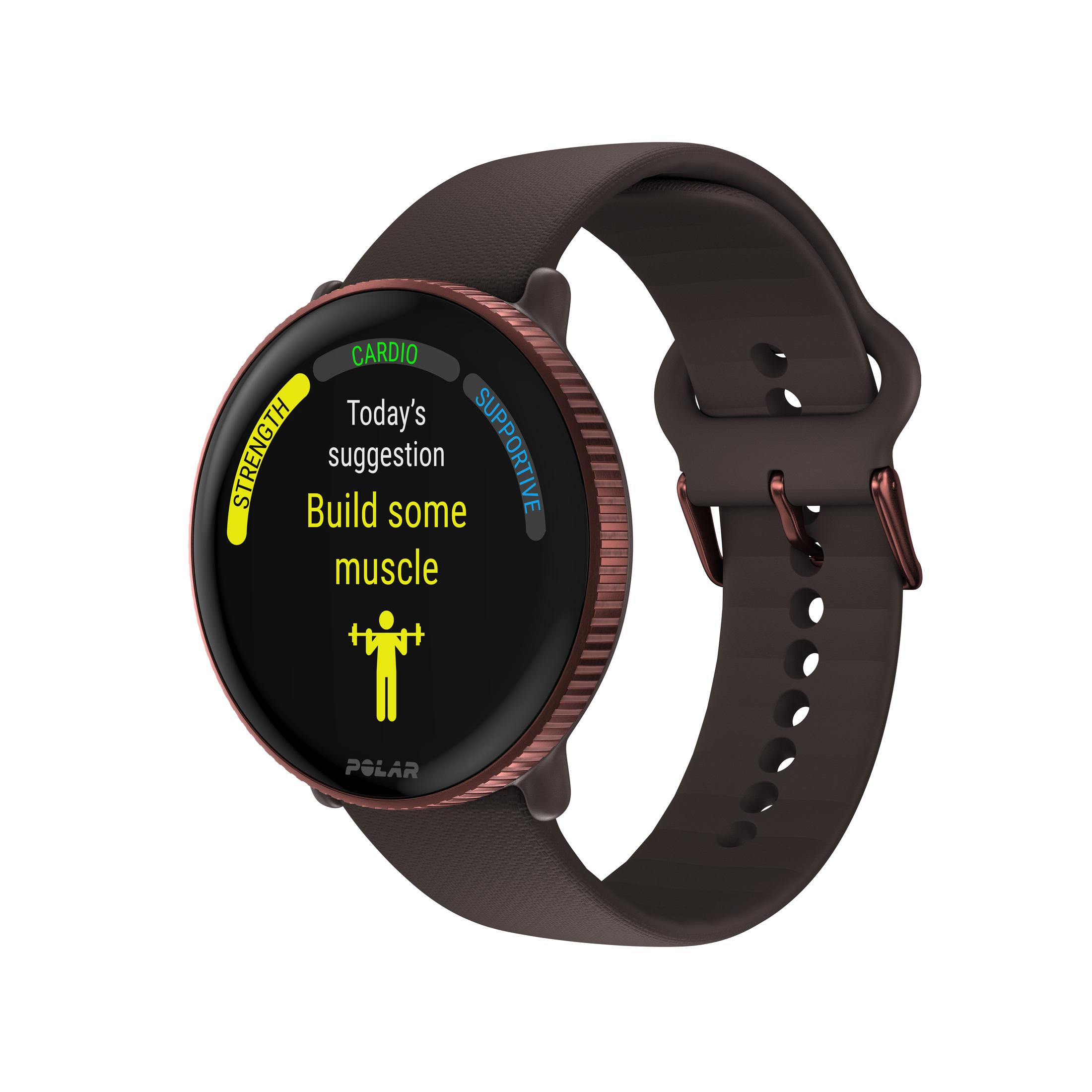 Czarny smartwatch Polar z brązowym paskiem. Ekran wyświetla metryki fitness z sugestią ćwiczeń.