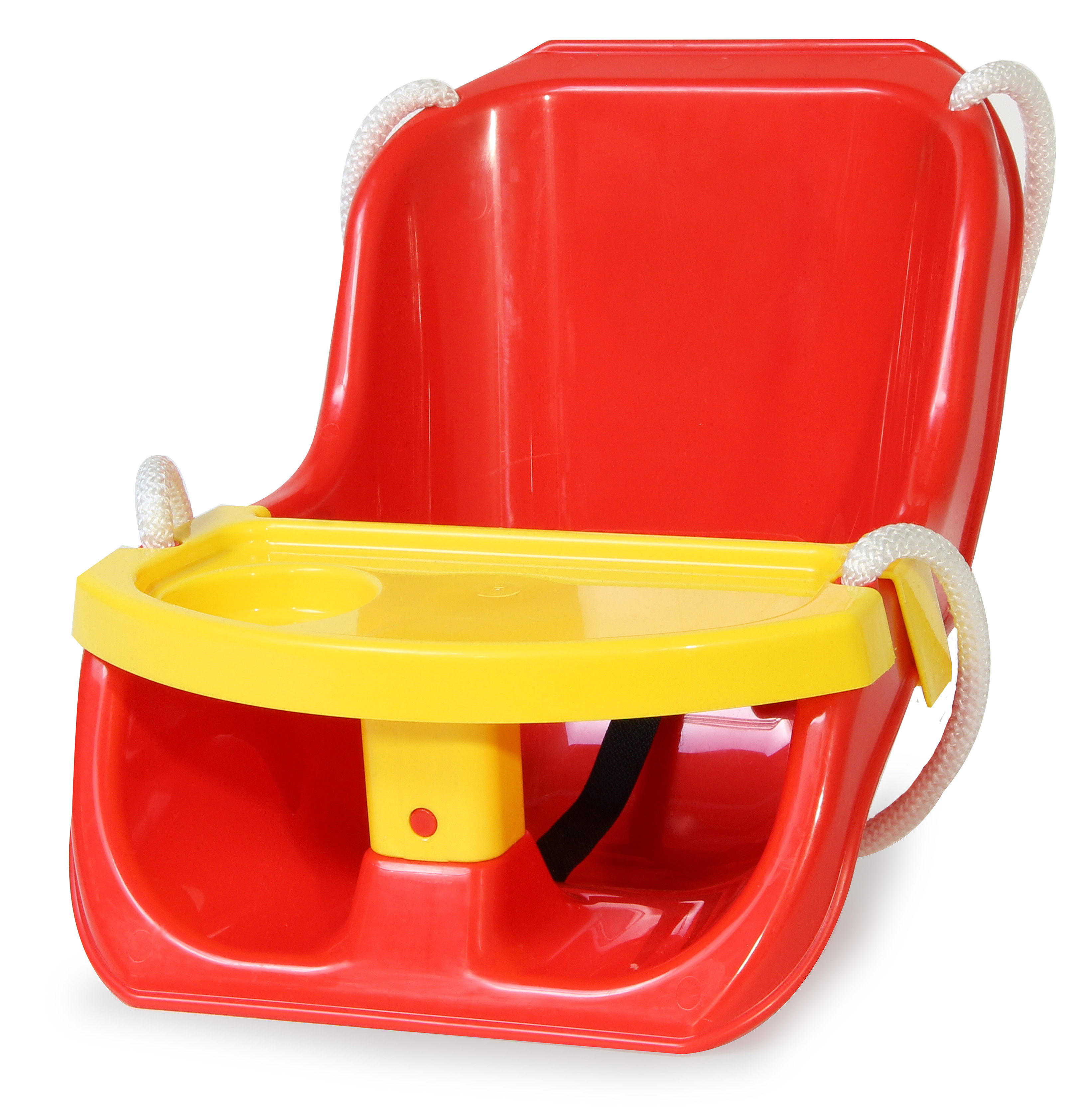 Roter und gelber Babyschaukel-Sitz mit weißen Seilbefestigungen zum Aufhängen.