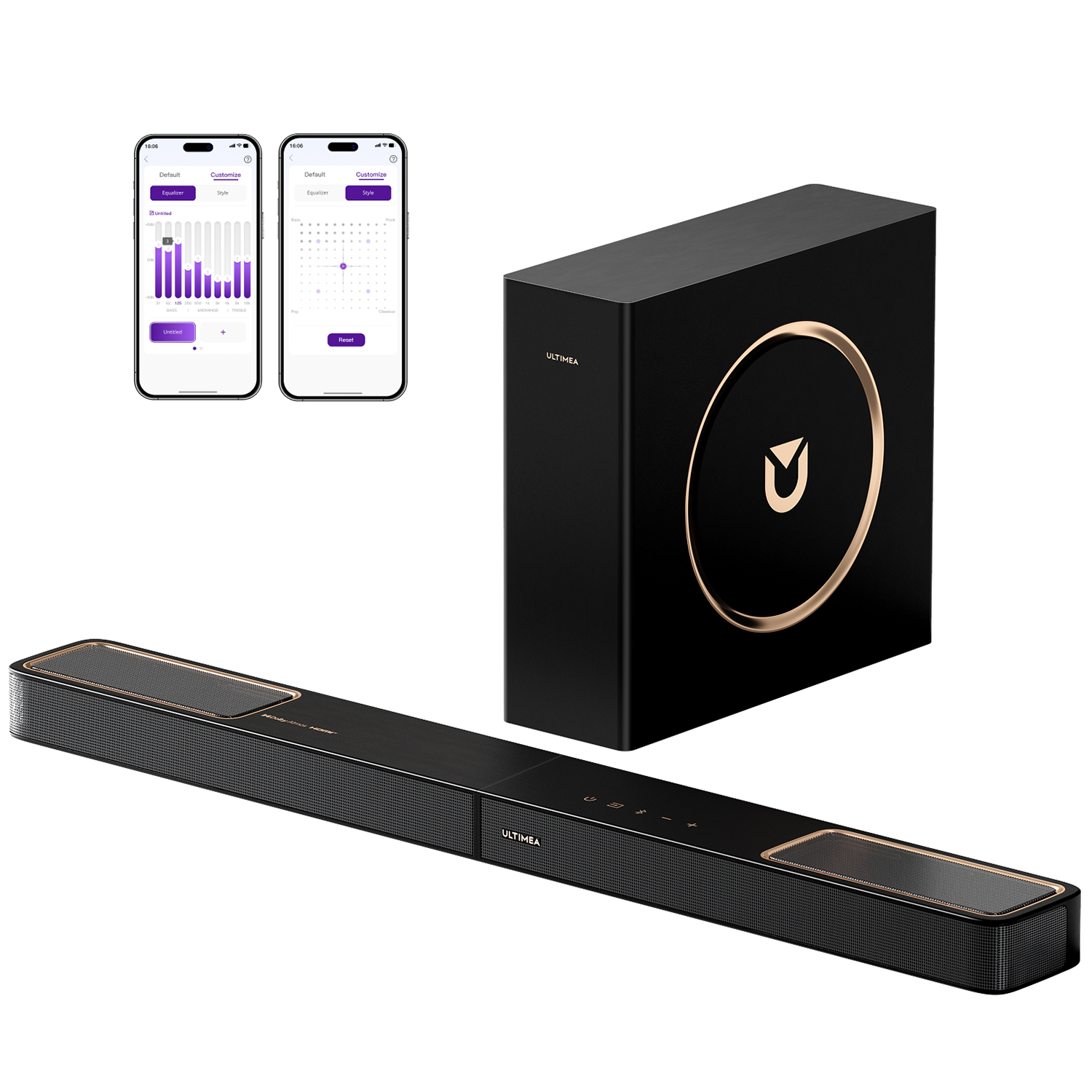 Czarny soundbar z czarnym subwooferem i dwoma ekranami telefonu. Białe tło.