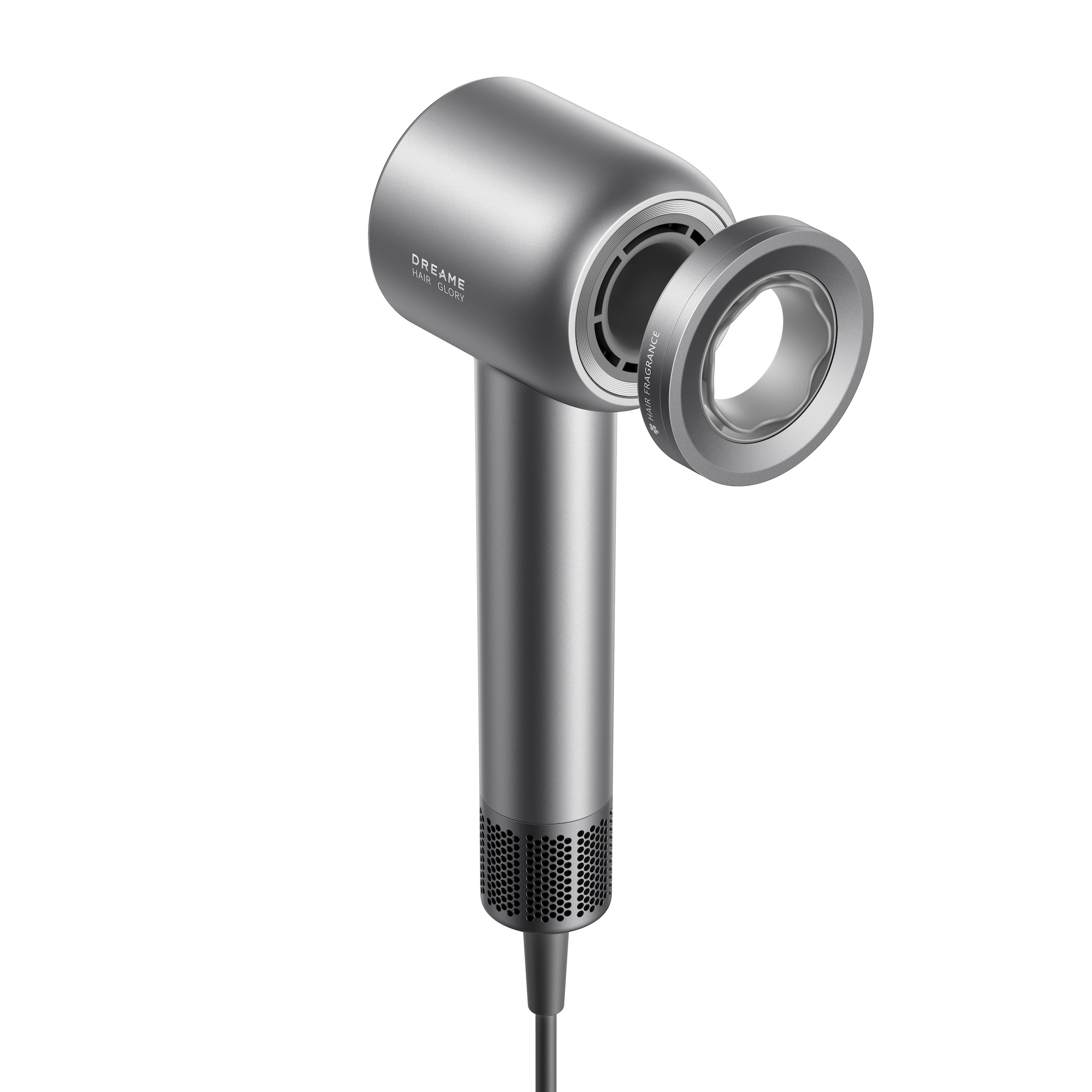 Srebrna suszarka do włosów z odłączaną głowicą, na białym tle.